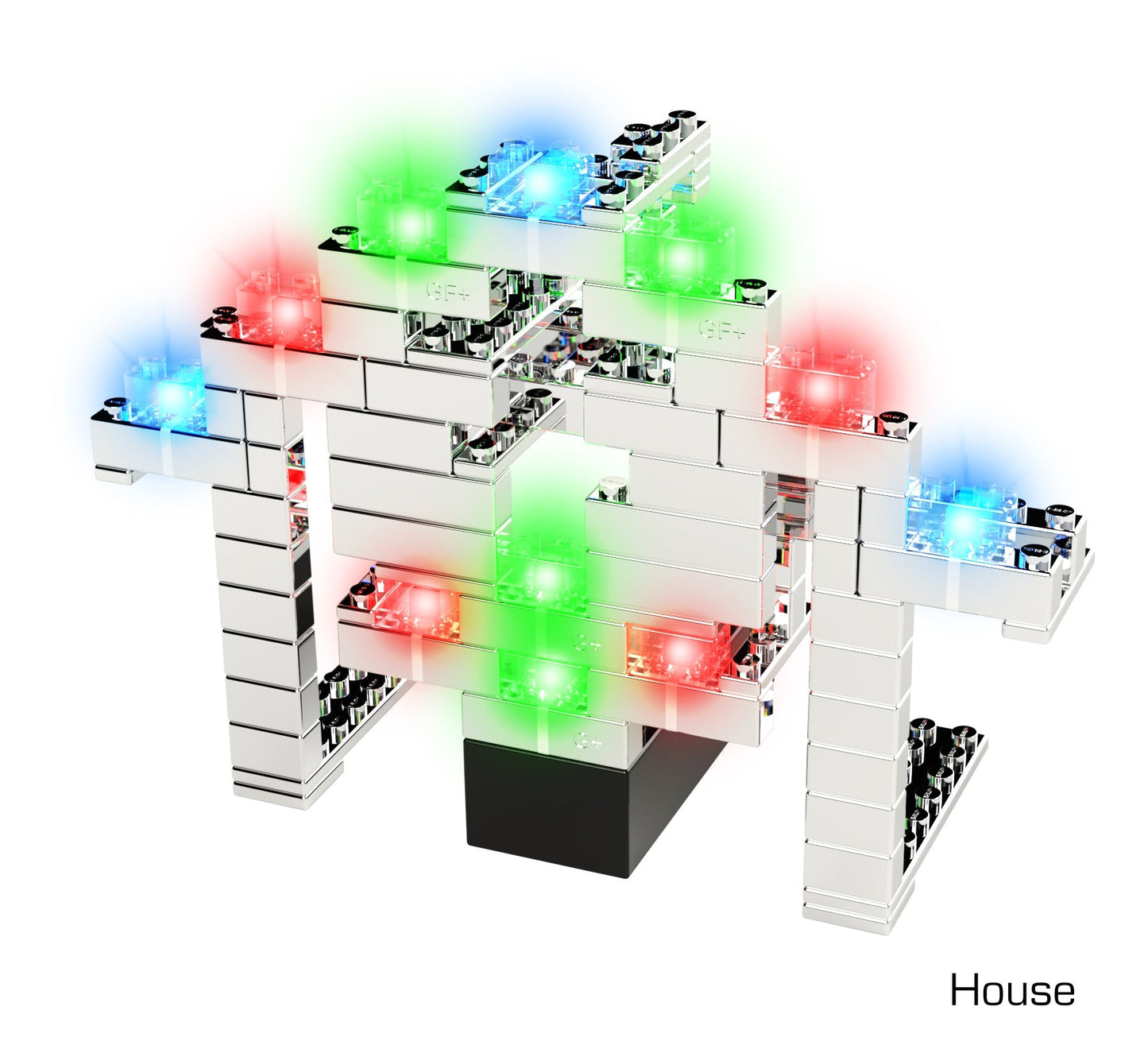 A house structure made of E-Blox silver blocks with green, blue, and red LED lights embedded in it. The base consists of E-Blox black blocks, featuring the word "House" in the bottom right corner. This design, incorporating patented technology from the Power Blox™ Essentials 310 Classroom Set by E-Blox®, embodies principles from the STEAM curriculum for a modern educational approach.
