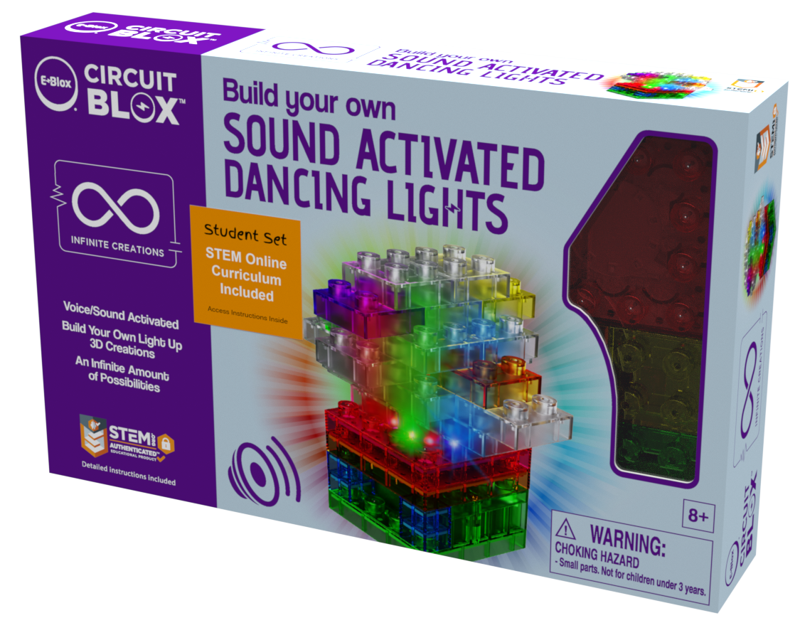 The image shows a box of "Circuit Blox™ Sound Activated Dancing Lights Student Set - E-Blox®" labeled "Build your own Sound Activated Dancing Lights." The box features colorful, translucent blocks forming a light structure and indicates it includes a student set and online STEM Foundations Curriculum. It is for ages 8 and up.