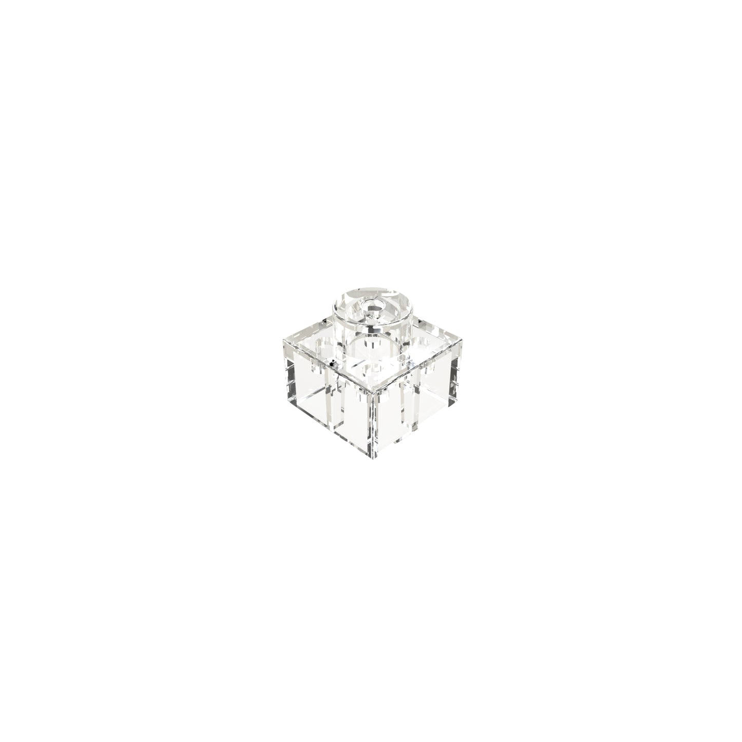 A close-up of a transparent LEGO brick with a single central stud on top, shown against a plain white background. The brick, resembling the crystal-like Circuit Blox™ - One Block Spacer from E-Blox®, appears to be made of clear plastic.