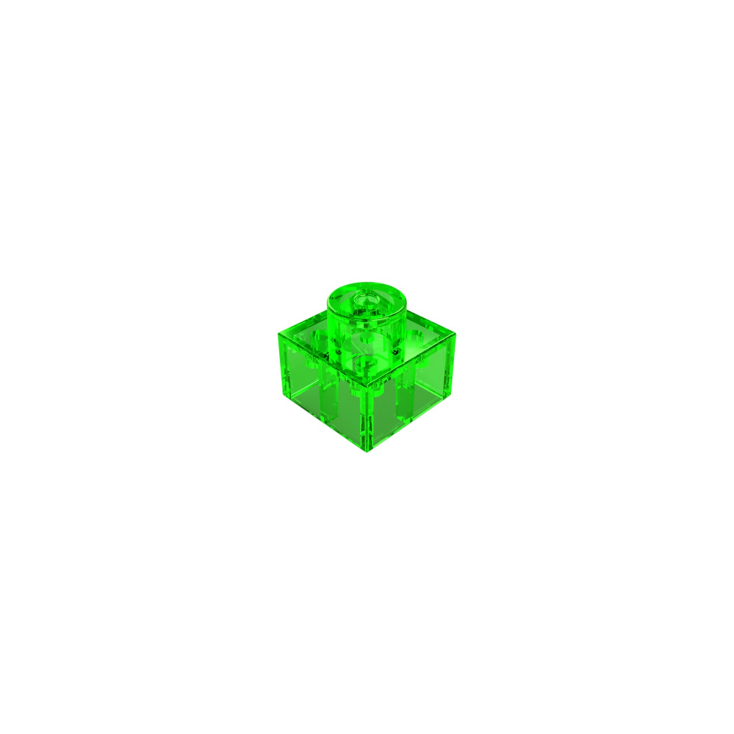 A single green transparent plastic building block, identified as the Circuit Blox™ - One Block Spacer by E-Blox®, featuring a stud on top and commonly used in construction toys like Circuit Blox, is centered against a plain white background.