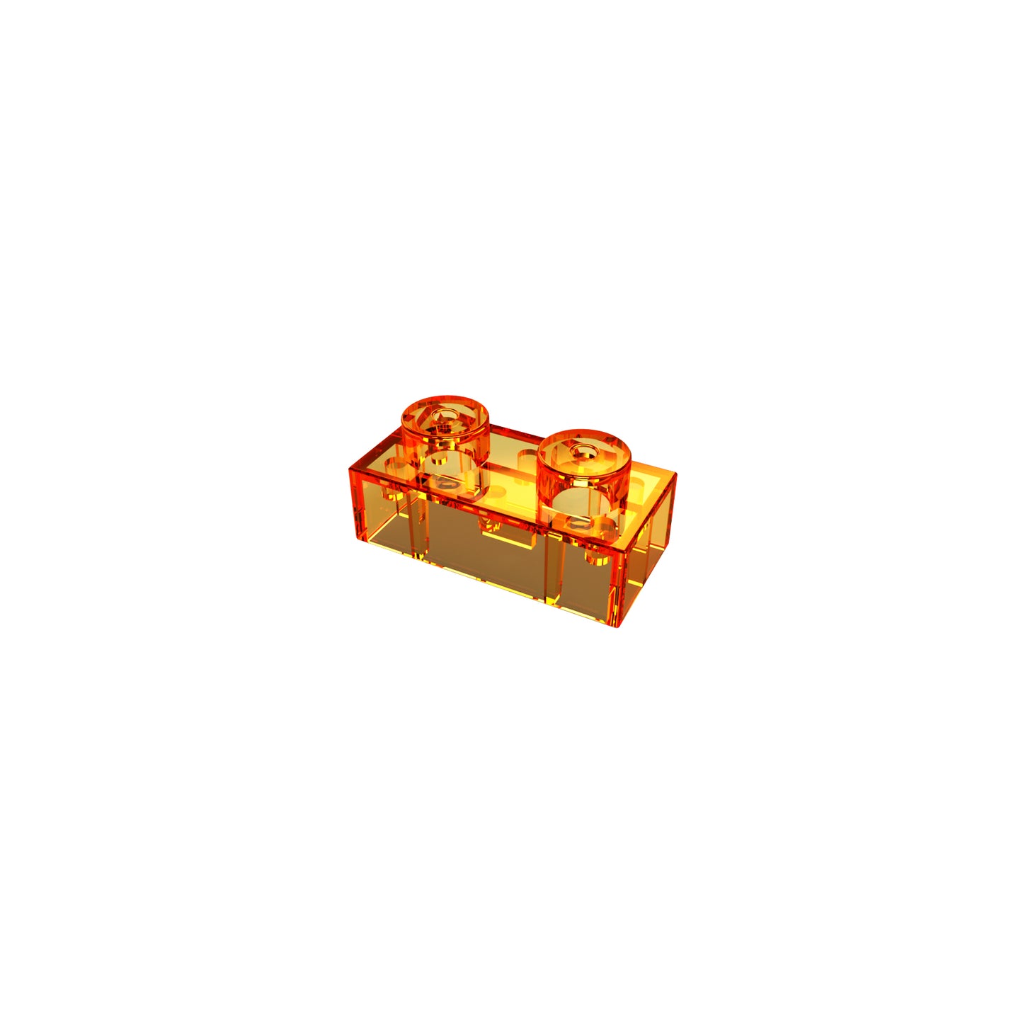 A translucent orange LEGO brick with two studs on top, reminiscent of the E-Blox Two Wire Spacer Block for Circuit Builder, viewed in close-up against a white background.