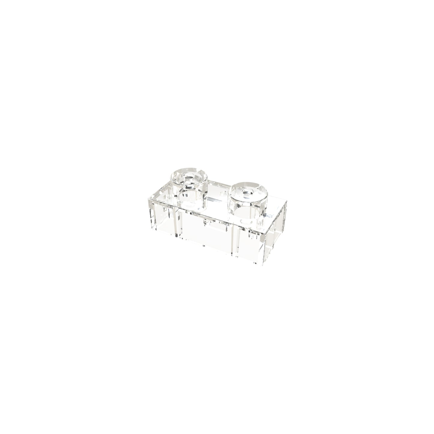 A clear, translucent Two Wire Spacer Block for Circuit Builder from E-Blox is positioned against a white background. This rectangular block showcases the standard E-Blox design elements, including round pegs on top that enable stacking and connectivity, making it a versatile piece for any Circuit Builder or Two Wire Spacer Block projects.
