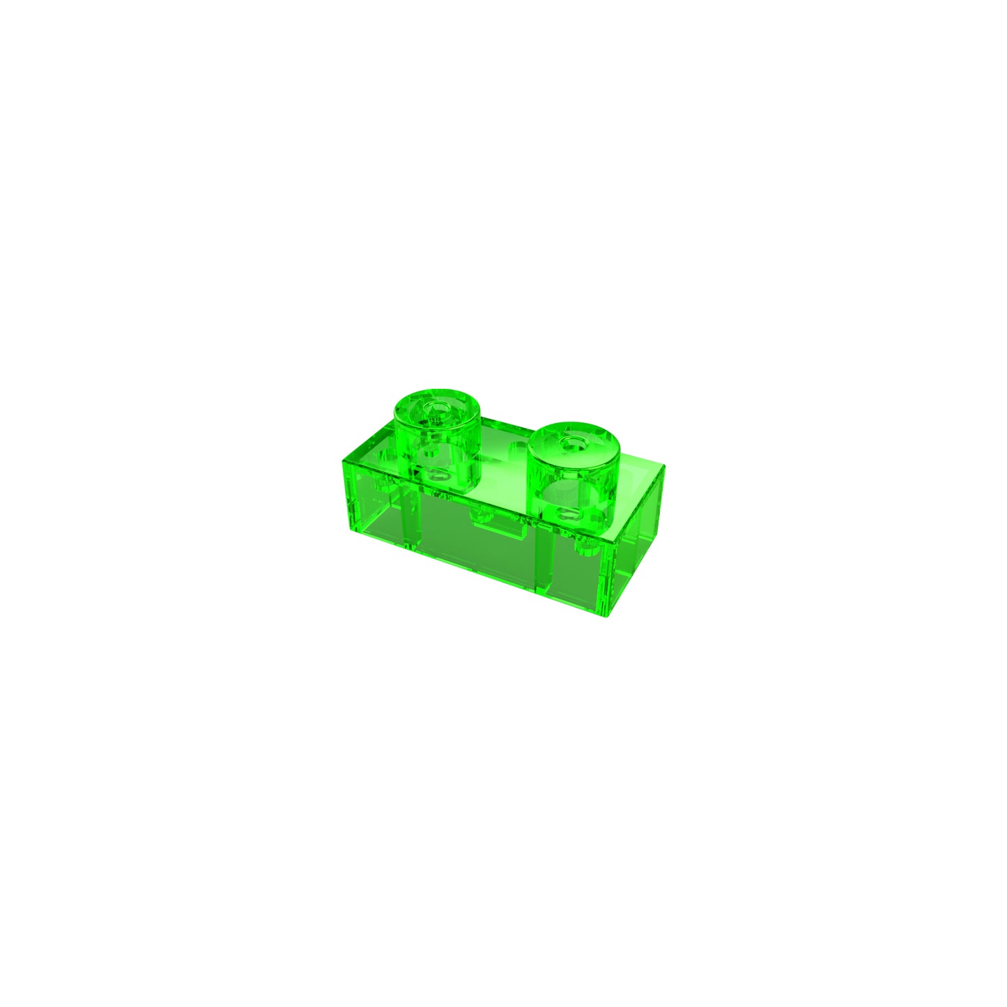 A close-up image of the E-Blox Two Wire Spacer Block for Circuit Builder, made of transparent green plastic and featuring two studs, resembling a LEGO piece, against a white background.