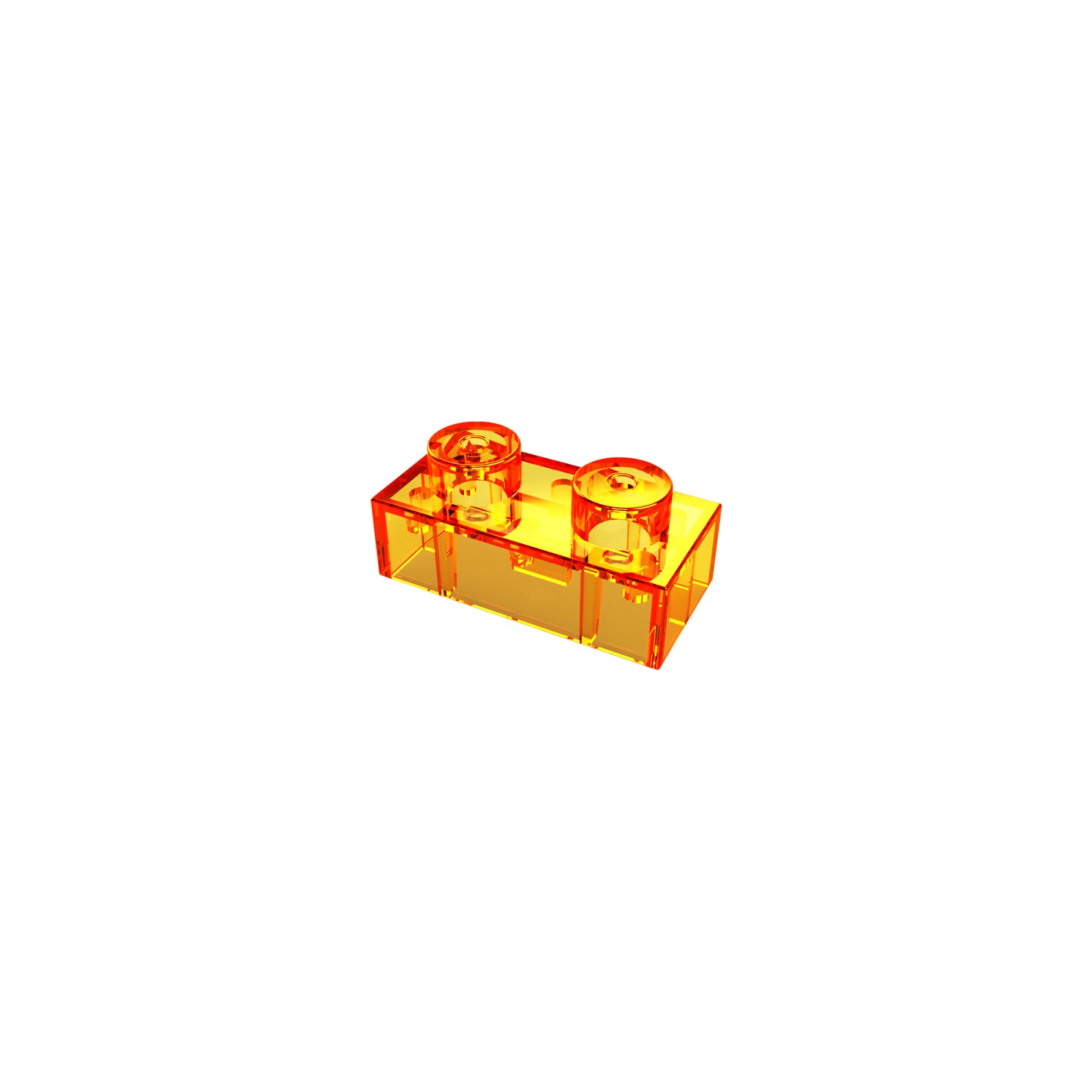 A close-up image of a transparent orange plastic building block with two studs on top, commonly used in construction toys for children. Resembling the E-Blox Two Wire Spacer Block for Circuit Builder, the block is centered on a white background.