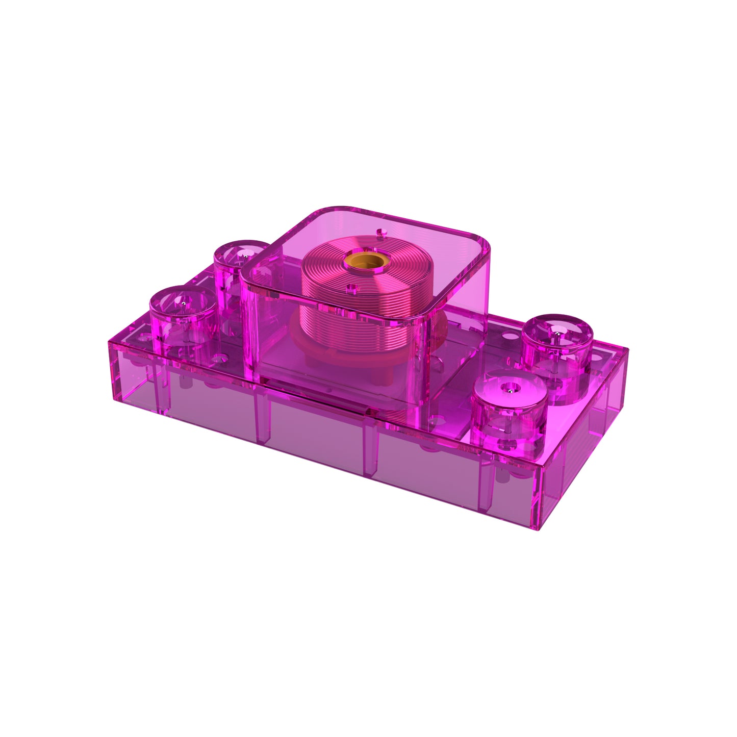 A transparent, pink, rectangular plastic case encases a small red coil and metallic components. Known as the Inductor Block - E-Blox® by E-Blox, it includes four outer cylindrical extensions and a central, elevated rectangular section. This assembly seems to be a component of an electronic or mechanical device.