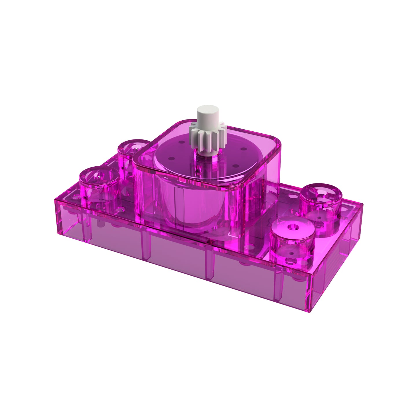 The Generator Block - E-Blox® by E-Blox is a transparent pink plastic brick resembling a building block, complete with cylindrical and rectangular elements. It features a white cylindrical gear and includes a small hand crank (part 94) protruding from the top, suggesting it is part of a modular construction set.