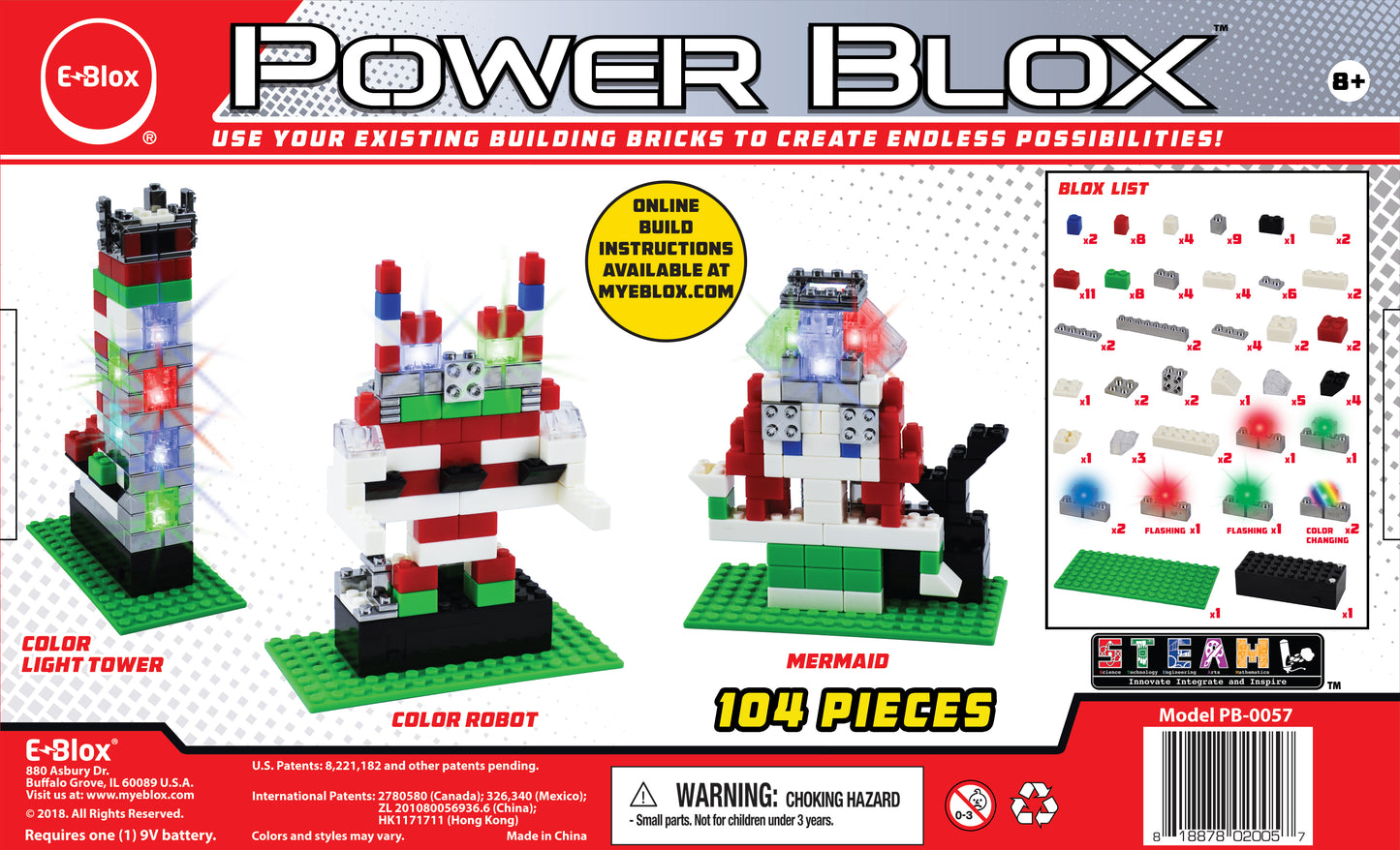 Box with E-Blox Power Blox™ Builds Deluxe Set - E-Blox® LED Light-Up Building Blocks containing 104 pieces to build creative models like Color Light Tower, Color Robot, and Mermaid. The box includes illustrations of these model builds and a warning for choking hazards. Model number PB-0057 is mentioned. Suitable for ages 8 and up, great for STEAM curriculum.