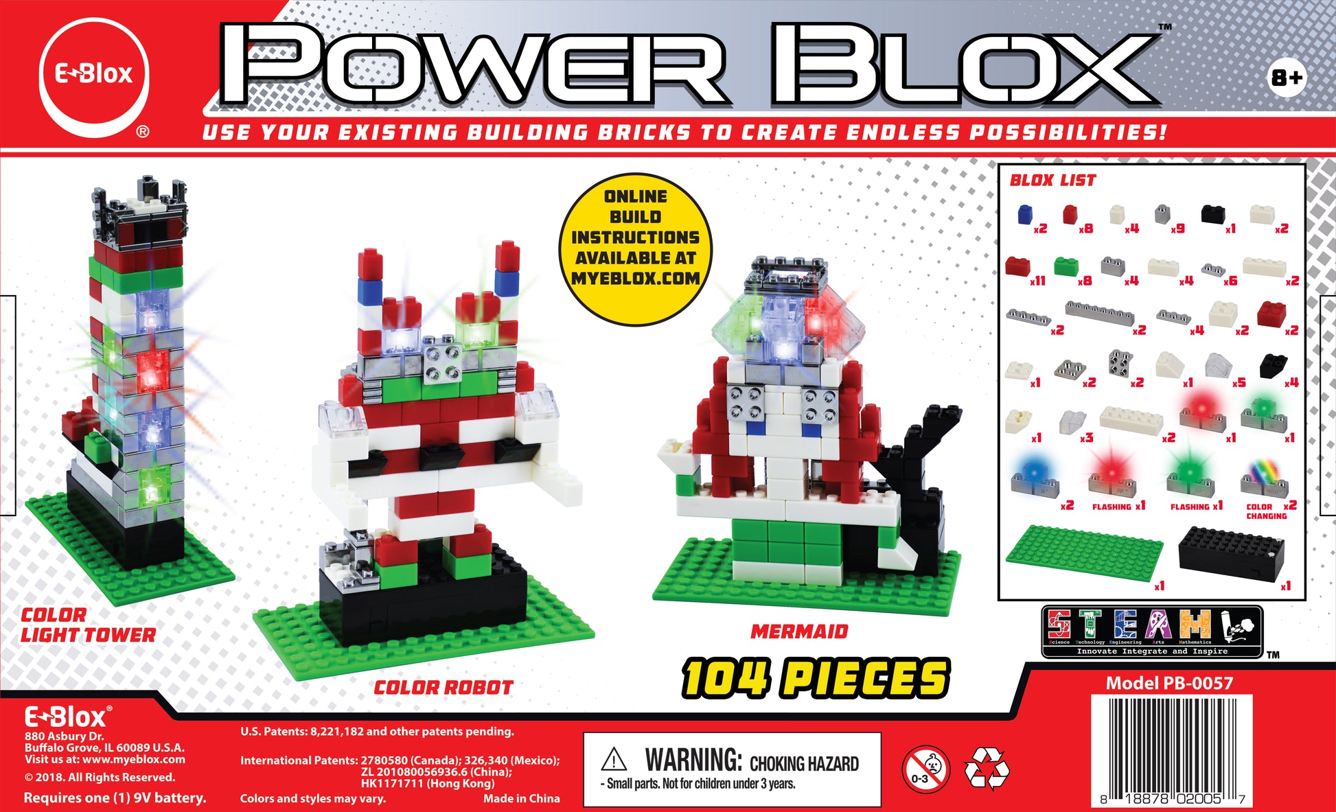 Box with E-Blox Power Blox™ Builds Deluxe Set - E-Blox® LED Light-Up Building Blocks containing 104 pieces to build creative models like Color Light Tower, Color Robot, and Mermaid. The box includes illustrations of these model builds and a warning for choking hazards. Model number PB-0057 is mentioned. Suitable for ages 8 and up, great for STEAM curriculum.