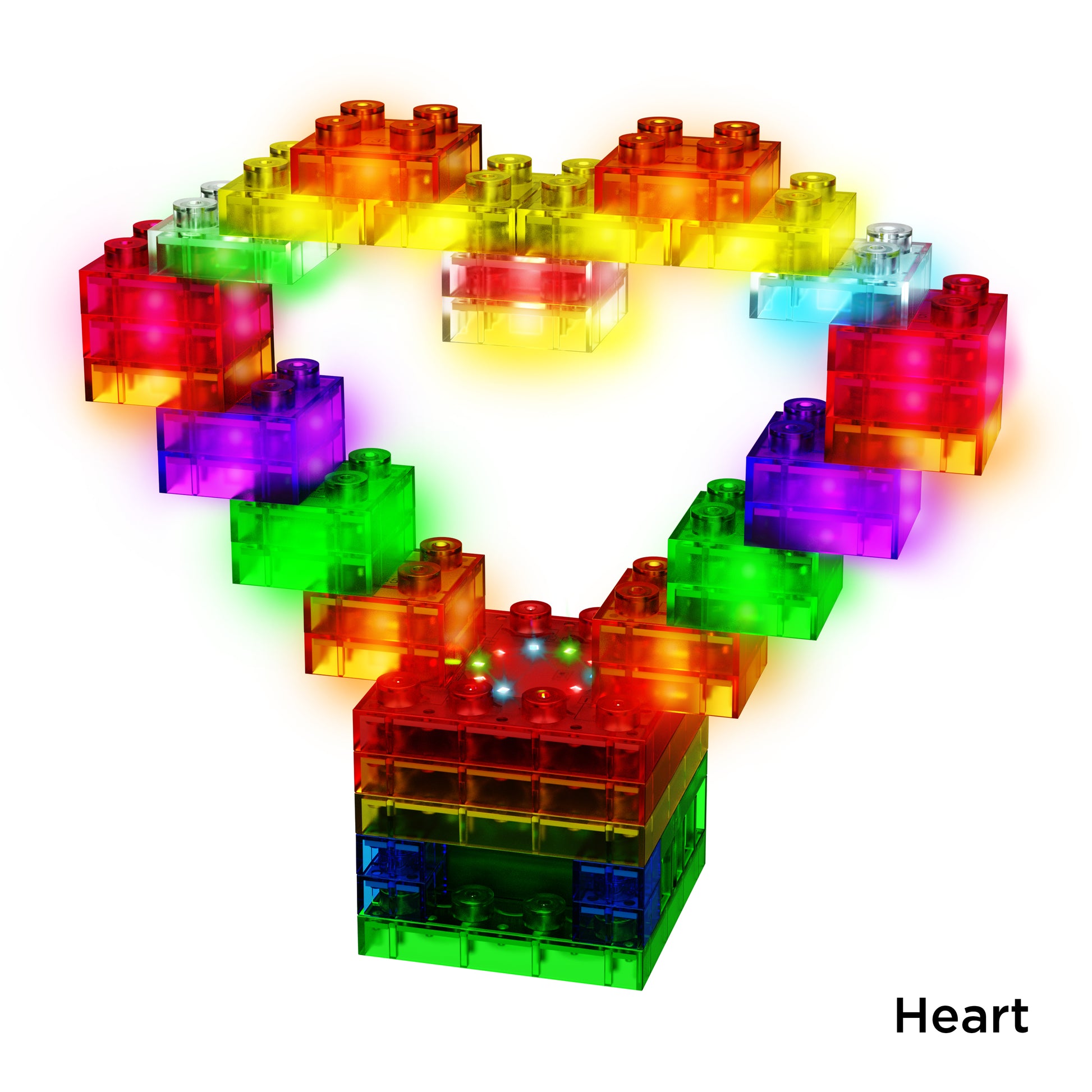 The Circuit Blox™ Sound & Touch-Controlled Light Show by E-Blox features stacked translucent LED blocks forming a vibrant heart shape in red, orange, yellow, green, blue, and purple. These illuminated blocks emit a soft glow while the word "Heart" is inscribed in the bottom right corner. This product is perfect for educational play and comes with an integrated controller module that encourages endless creativity.