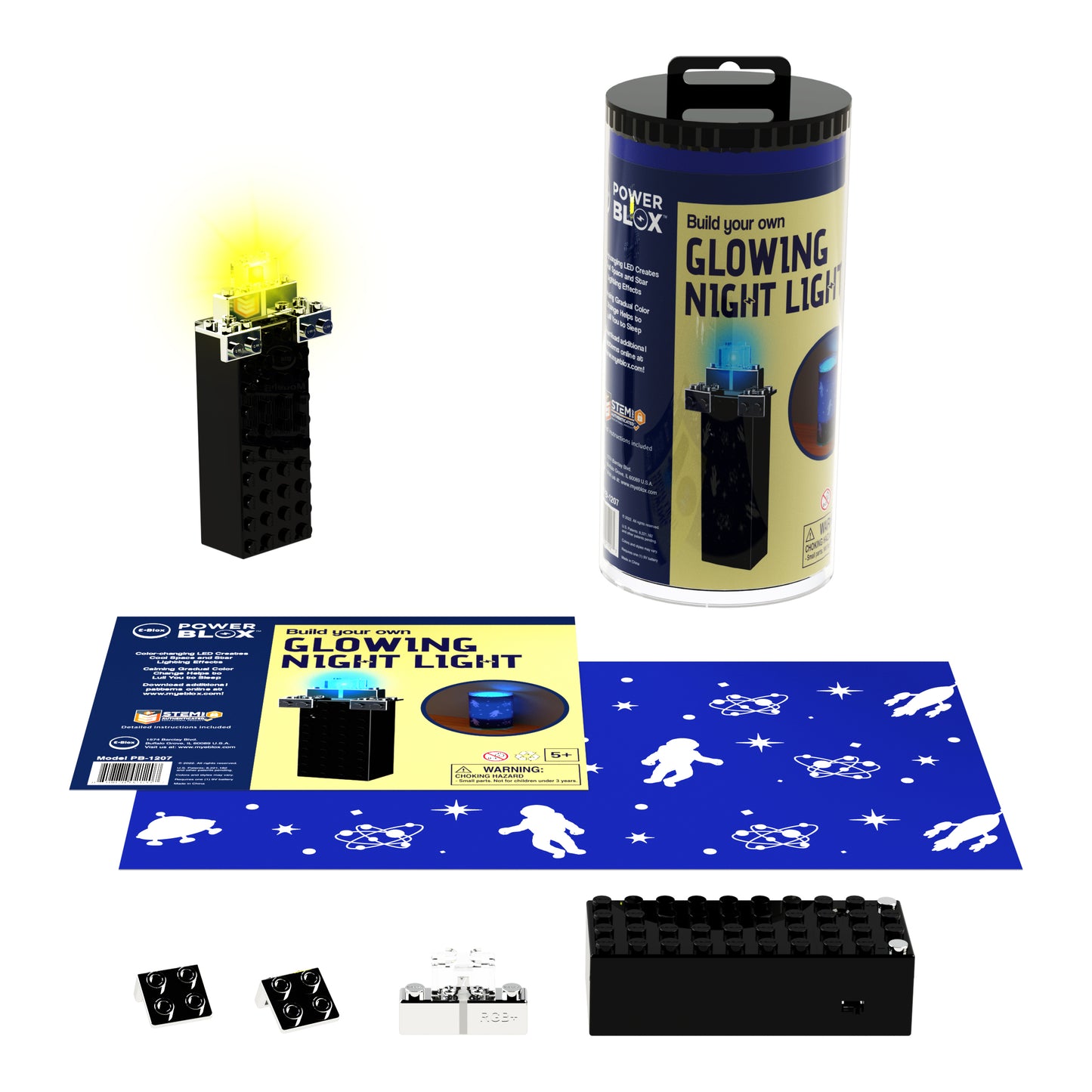 Glowing Space Night Light in retail packaging, with parts spread-out in front and built circuit the the side.