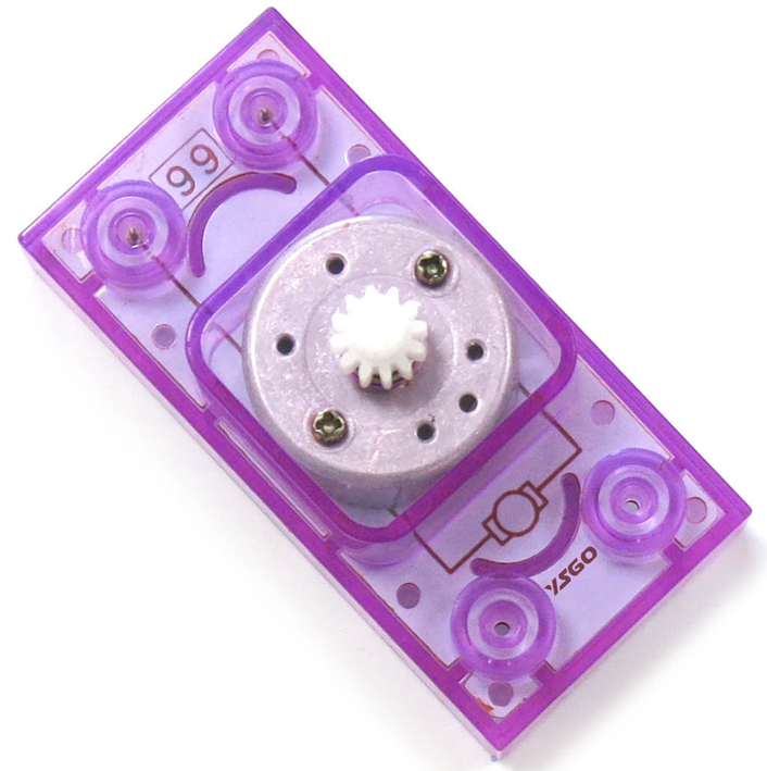 A close-up of a purple Generator Block - E-Blox® component, featuring a white gear and multiple screw holes. The rectangular piece is marked with "99" and contains three pairs of circular sections. The number "99" appears in the top left corner, and the letters "SYSGO" are on the bottom right. Note: This component requires hand crank part 94 to function.