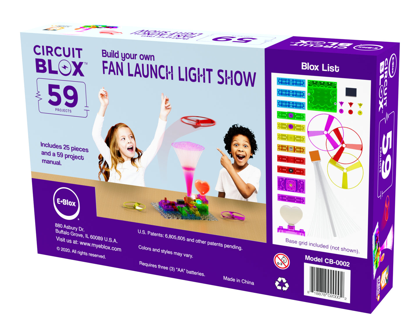 The image is of the "Circuit Blox™ 59 - E-Blox® Circuit Board Building Blocks Toys" box from E-Blox. It advertises 59 building projects and 25 pieces, featuring a light stand and two children playing with the set. The box's side lists parts included and details on contents, making it perfect for any STEM program introducing electricity concepts.