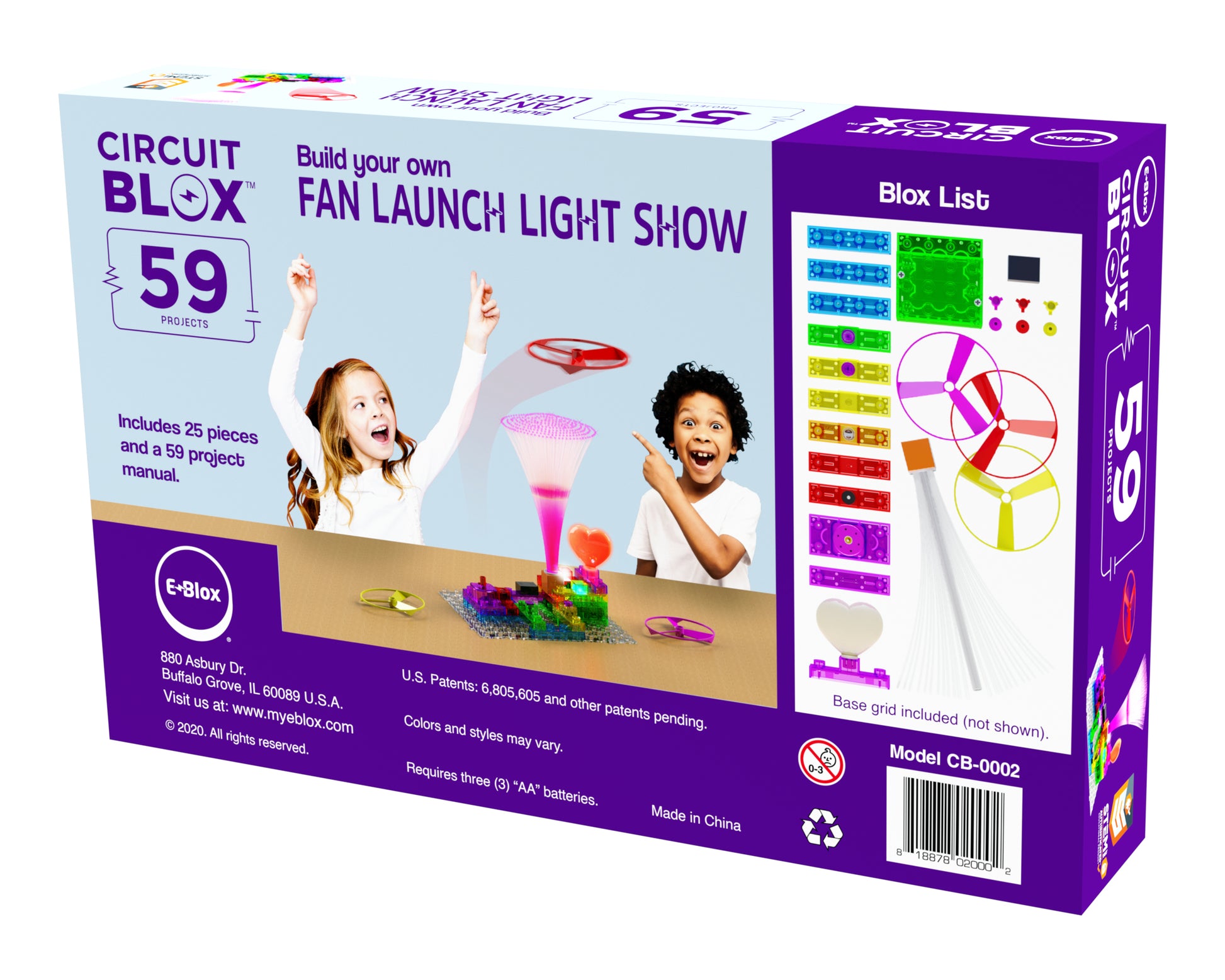 The image is of the "Circuit Blox™ 59 - E-Blox® Circuit Board Building Blocks Toys" box from E-Blox. It advertises 59 building projects and 25 pieces, featuring a light stand and two children playing with the set. The box's side lists parts included and details on contents, making it perfect for any STEM program introducing electricity concepts.