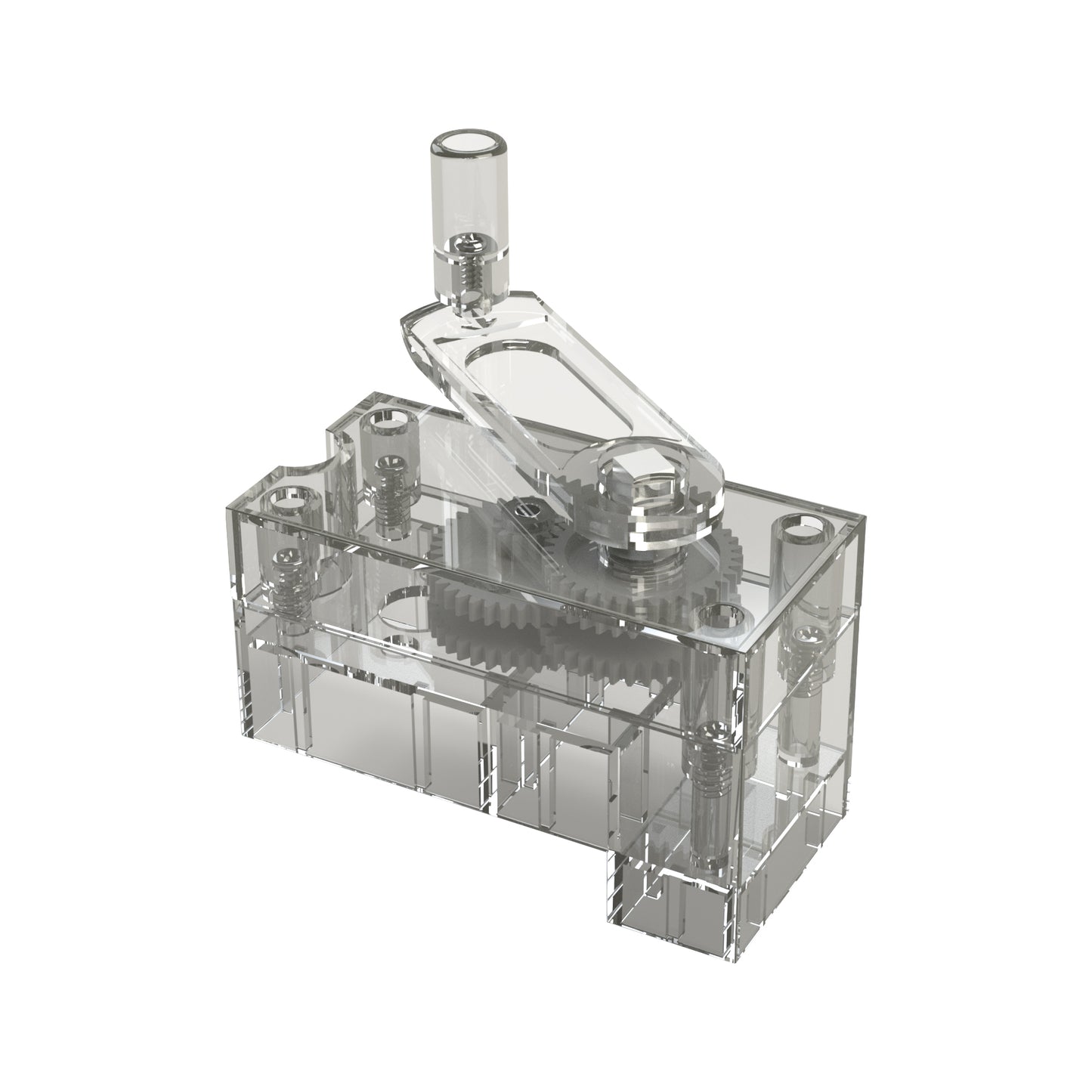 The Hand Crank - E-Blox® by E-Blox boasts a transparent plastic gear mechanism with a lever handle on top, resembling a hand crank. It features multiple gears and components visible inside the housing. The rectangular base supports the vertical lever, designed for mechanical or electronic applications like a circuit builder (requires generator part 99).