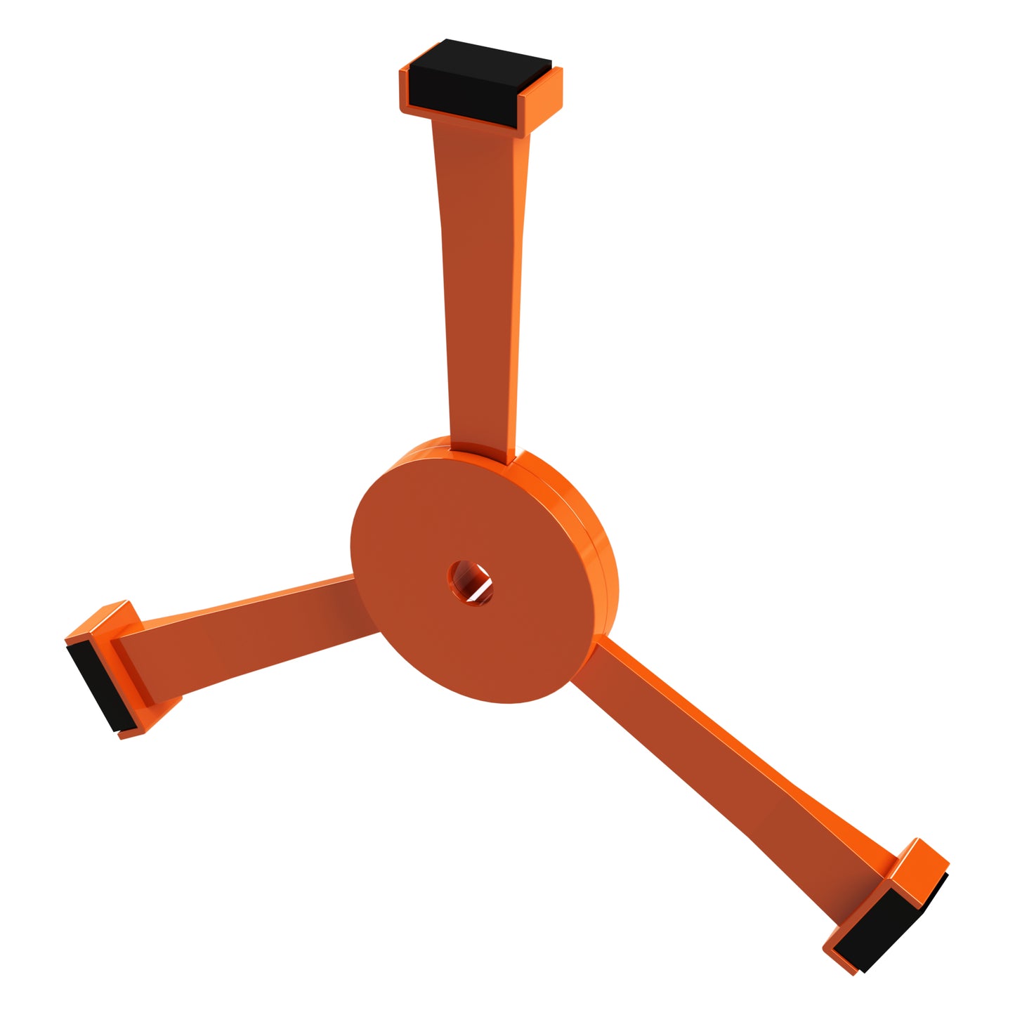 A 3D rendering of an orange, three-legged stand with a circular center and rectangular black rubber tips at the end of each leg. The stand, resembling the Magnetic Spinner from E-Blox®, appears to have a central hole, possibly for mounting or securing purposes.