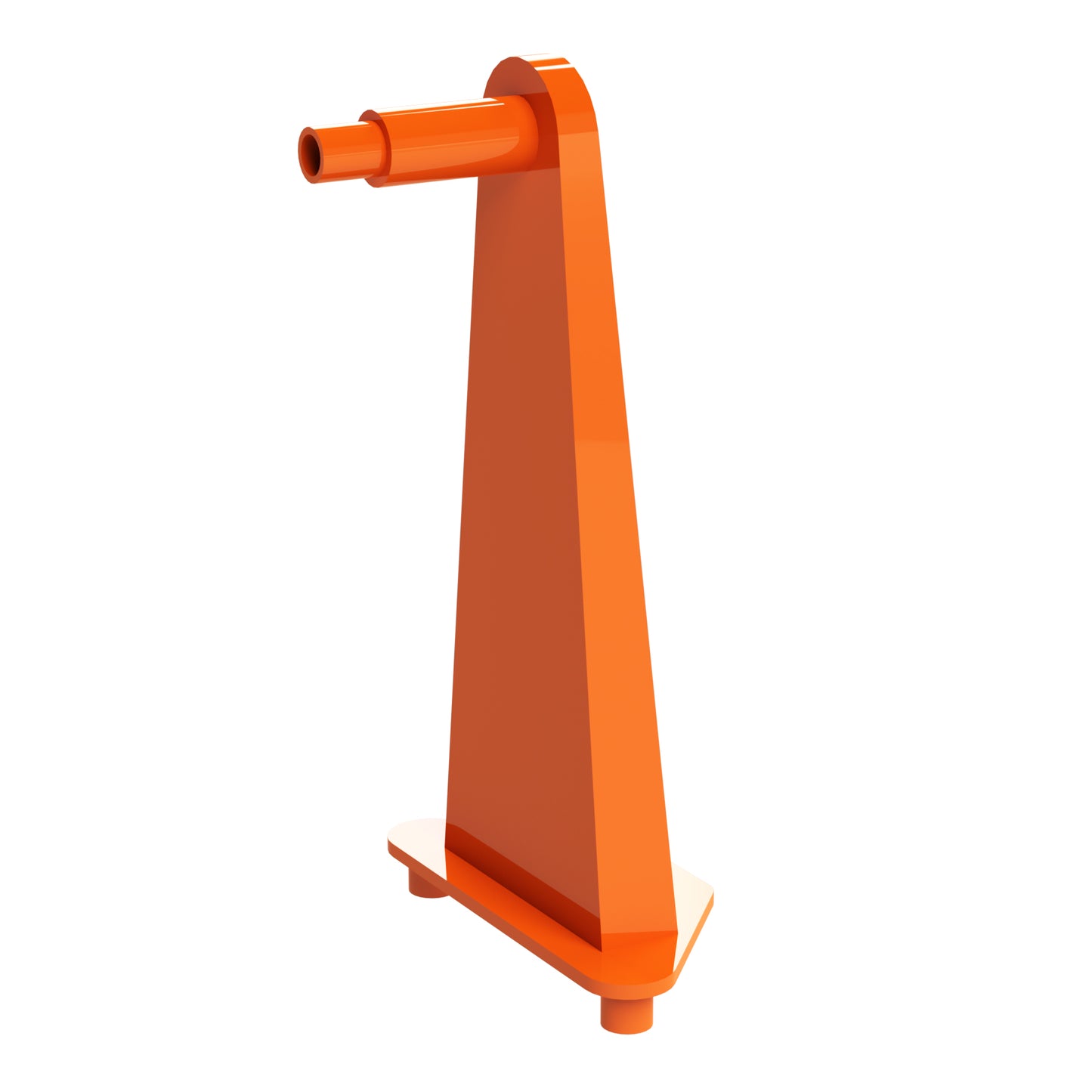 This 3D rendered orange, cone-shaped stand features a cylindrical extension at the top, making it perfect for showcasing the E-Blox® Magnetic Spinner. The stand is designed with a flat, rectangular base with rounded edges and small feet at each corner. Its overall minimalist and modern appearance complements any display setting seamlessly.
