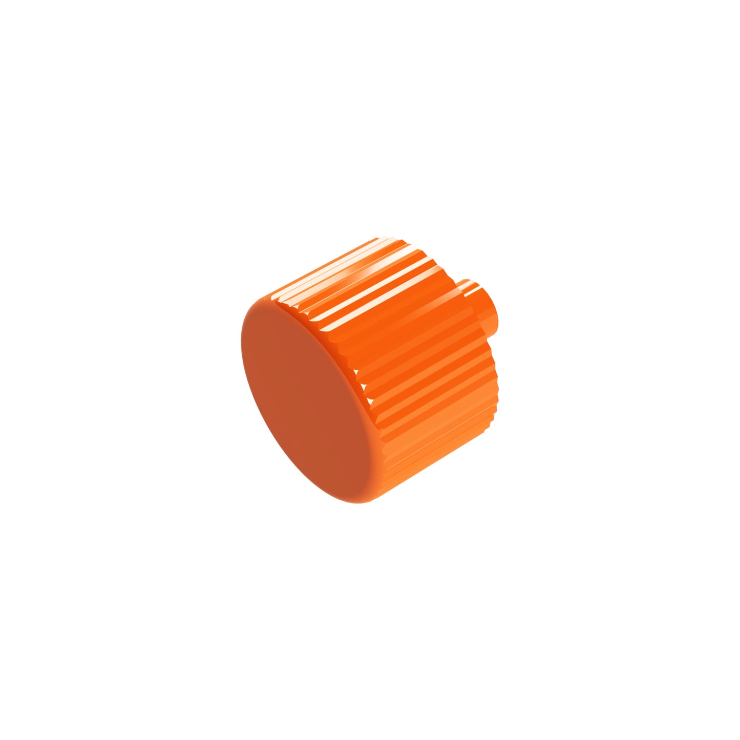 The Magnetic Spinner - E-Blox® by E-Blox is an orange, ribbed plastic knob with a flat top and a small cylindrical protrusion on one side, designed for turning or adjusting settings on various devices or equipment. Ideal for customizing your Circuit Blox, this magnetic spinner knob is shown on a white background.