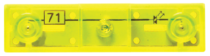 Close-up of a yellow LED circuit board with the number 71 printed on the left side. The board, designed for Circuit Blox™ - Bi-Directional LED by E-Blox, includes three main components in the center: a horizontal black line, a central Bi-Directional LED, and a small diode symbol on the right.