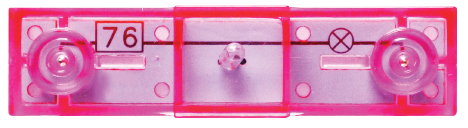 A pink and transparent rectangular plastic component, branded as E-Blox®, prominently displays the number "76" on the left side. This Circuit Blox™ Lamp Block features two circular elements at each end and a small central feature, indicating its role in an electronic or mechanical assembly.