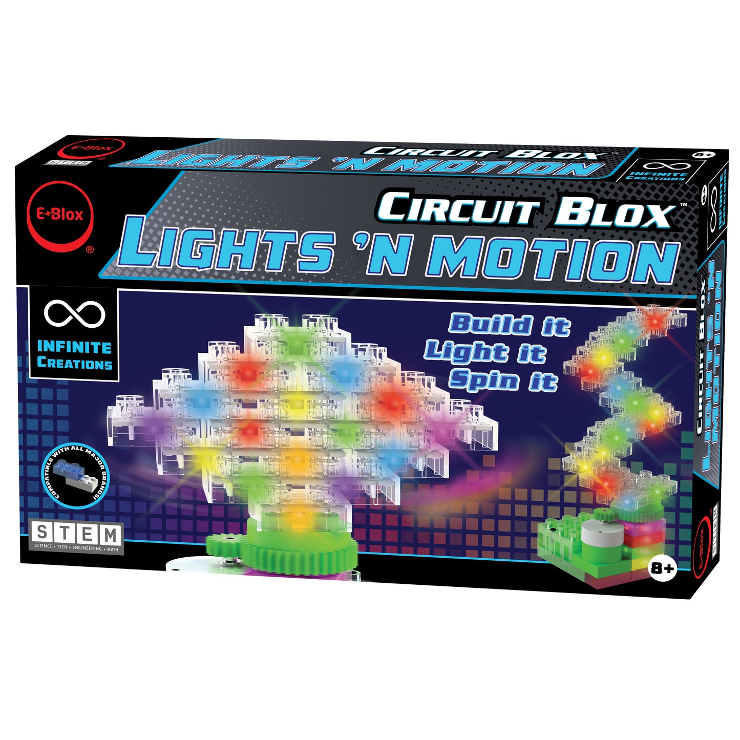 A box of Circuit Blox™ Lights 'n Motion- E-Blox® set. The box showcases colorful, interlocking LED blocks with lights and moving parts. The text on the box includes "Build it, Light it, Spin it" and indicates it's suitable for ages 8 and up as a kids educational kit for STEM learning.