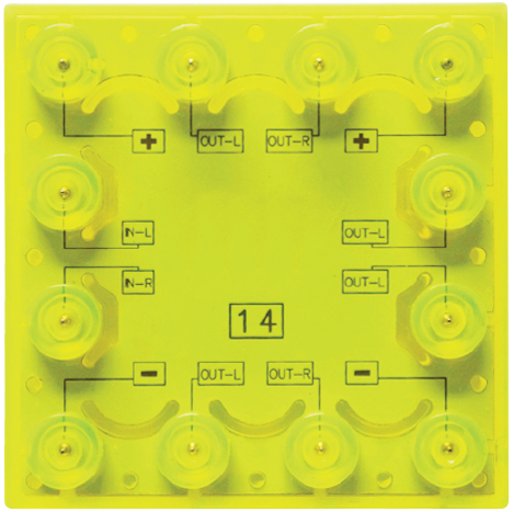 The yellow Power Amplifier Block for Circuit Builder by E-Blox is designed for circuit builders and features multiple connectors and labeled slots for OUT-L, OUT-R, and N-L. This electronic component has several clear nodes and is marked with the number "14" in the center.