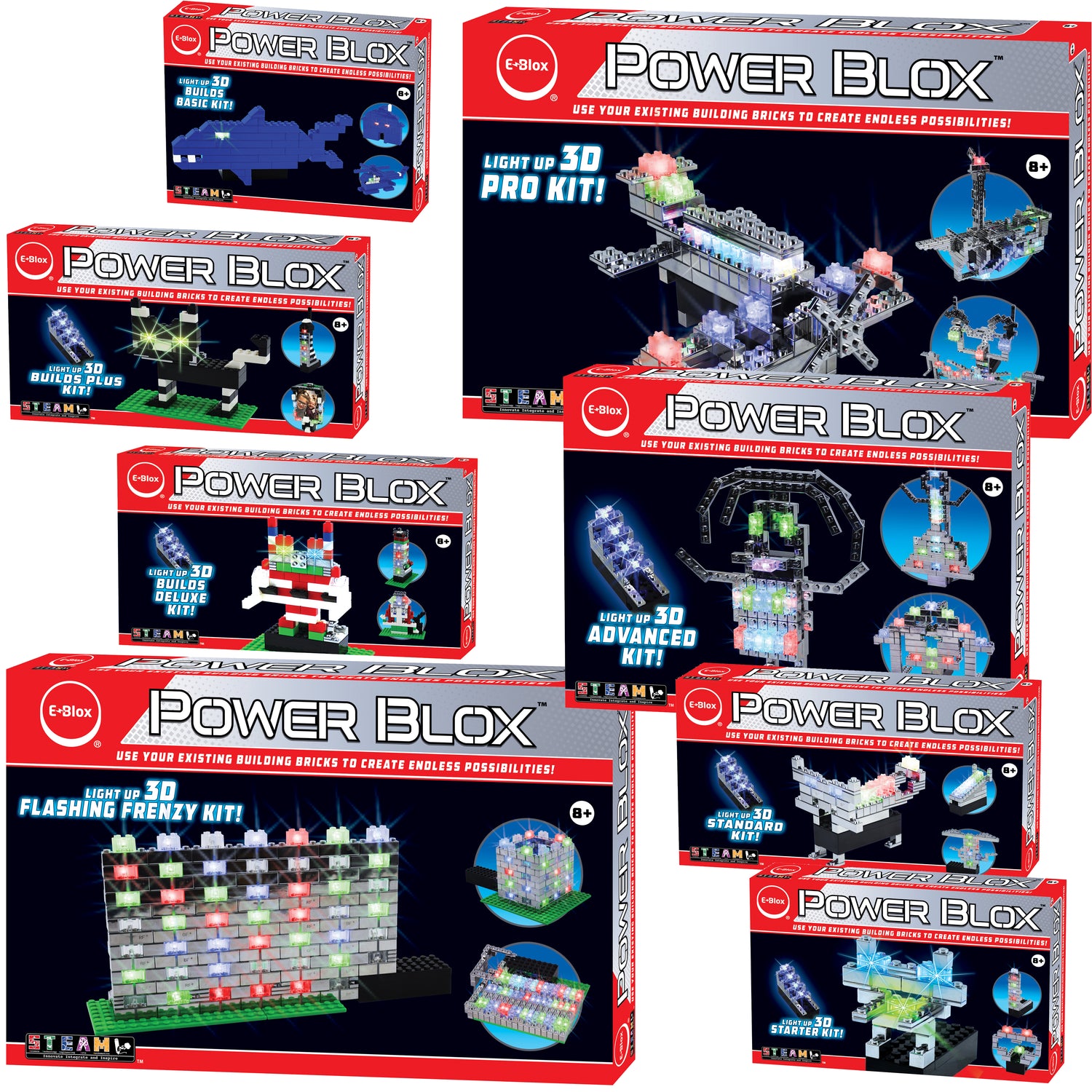 A collection of E-Blox Power Blox kits, featuring various building sets that light up, including 3D Pro Kit, Advanced Kit, Flashing Frenzy Kit, and more, displayed in their red and black packaging.