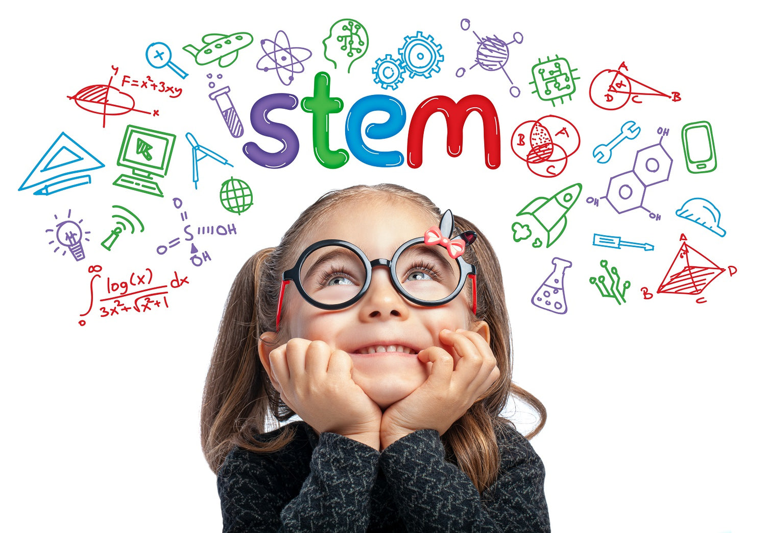 A child with glasses and a star hair clip looks up thoughtfully. The word "STEM" is prominently displayed above, surrounded by colorful science, technology, engineering, and math icons and illustrations.