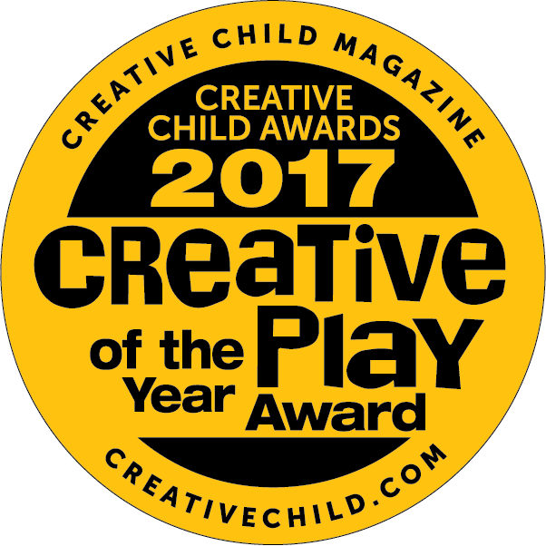 A round, yellow badge with black text that reads, "Creative Child Magazine Creative Child Awards 2017 Creative Play of the Year Award." The website "CREATIVECHILD.COM" is written at the bottom of the badge. This award recognizes excellence in products like the Circuit Blox™ 120 Project Classroom Set - E-Blox® Circuit Board Building Blocks Educational Sets by E-Blox, promoting STEM programs.