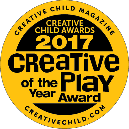 A round, yellow badge with black text that reads, "Creative Child Magazine Creative Child Awards 2017 Creative Play of the Year Award." The website "CREATIVECHILD.COM" is written at the bottom of the badge. This award recognizes excellence in products like the Circuit Blox™ 120 Project Classroom Set - E-Blox® Circuit Board Building Blocks Educational Sets by E-Blox, promoting STEM programs.