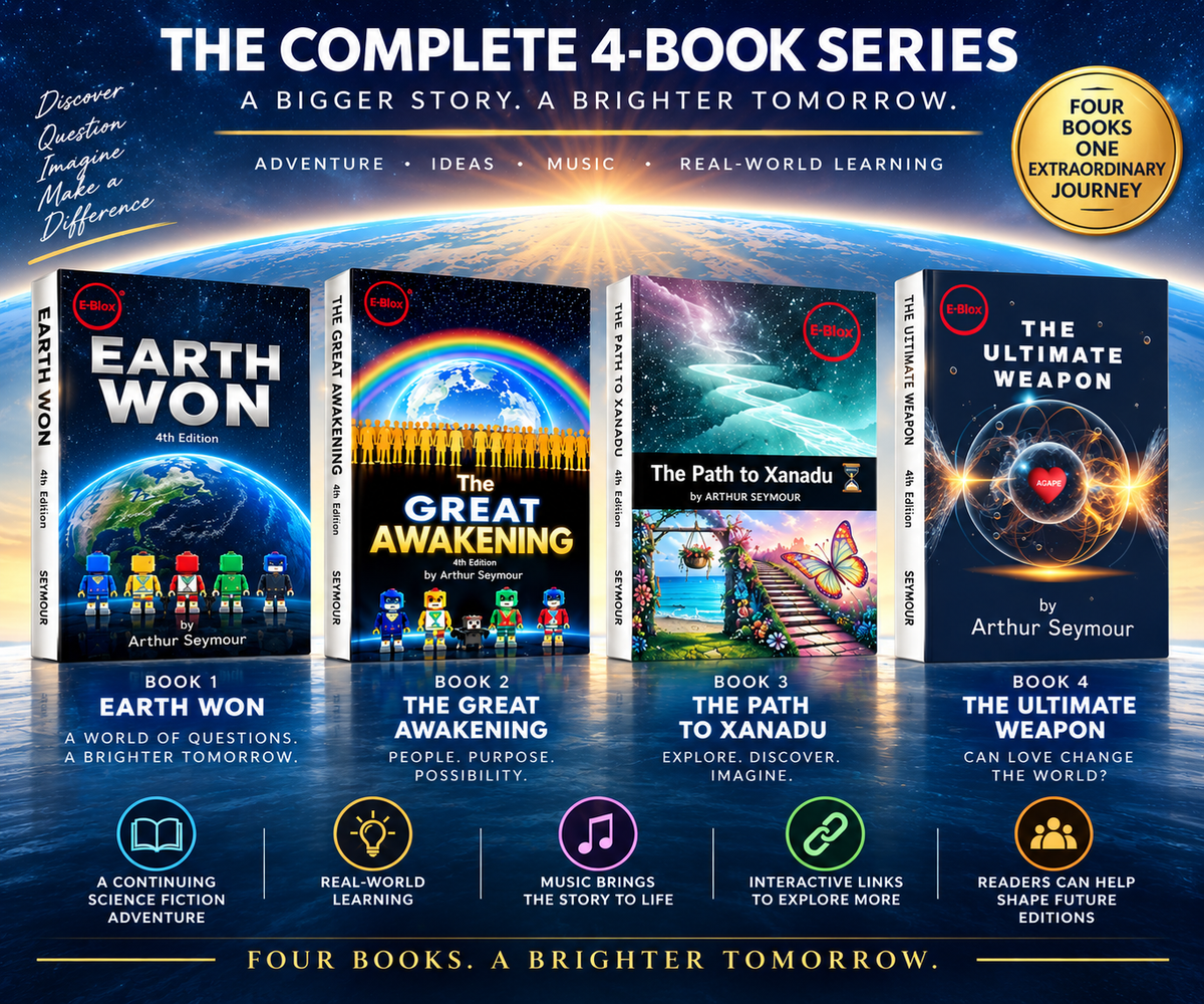 Here’s a rewritten version using your provided product data: All four vibrant covers from THE COMPLETE EBLOX BOOK SERIES - ALL 4 BOOKS IN EBLOX SERIES by E-Blox, Inc. are displayed side by side, boldly titled: Earth Won, The Great Awakening, The Path to Xanadu, and The Ultimate Weapon; this interactive collection features Arthur Seymour’s science fiction adventures with themes of space exploration, nature, and the future.