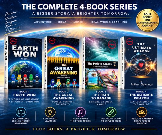 Here’s a rewritten version using your provided product data: All four vibrant covers from THE COMPLETE EBLOX BOOK SERIES - ALL 4 BOOKS IN EBLOX SERIES by E-Blox, Inc. are displayed side by side, boldly titled: Earth Won, The Great Awakening, The Path to Xanadu, and The Ultimate Weapon; this interactive collection features Arthur Seymour’s science fiction adventures with themes of space exploration, nature, and the future.