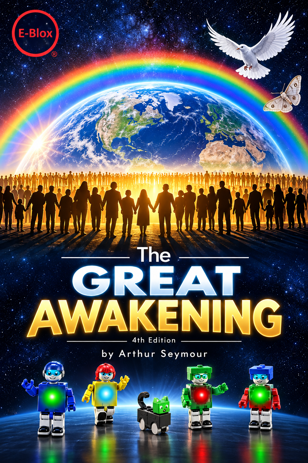 A rainbow arches over Earth where a diverse group of people hold hands. Above them fly a dove and a butterfly. At the bottom, four toy robots and a cat hint at an exciting science fiction journey to save humanity. Text reads: “THE GREAT AWAKENING - BOOK 2 IN EBLOX SERIES by E-Blox, Inc.”.