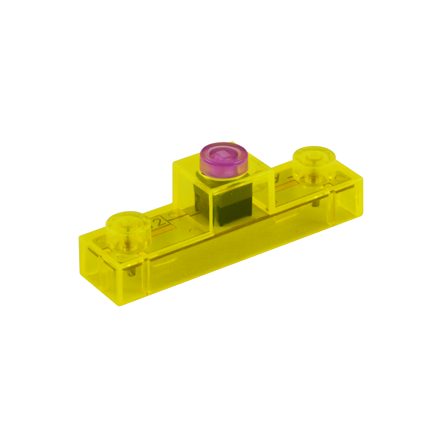 The Circuit Blox™ 59 project Classroom Set by E-Blox features a yellow plastic LEGO-compatible brick with three interconnected sections and a purple circular piece at the center. This rectangular brick meets STEM education standards and includes studs on top for seamless integration with other LEGO pieces, making it ideal for projects that satisfy NGSS requirements.