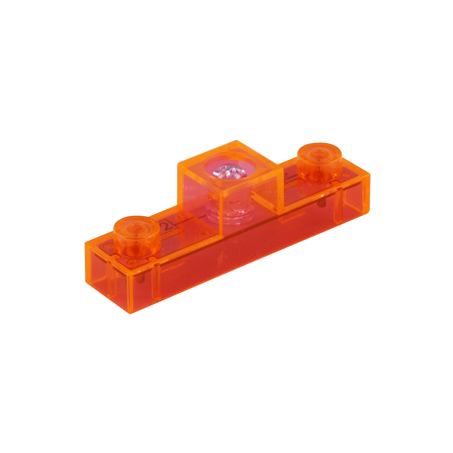 An orange transparent LEGO brick with a glass cylindrical vial in the center, typically used as a spirit level tool insert for balancing or leveling purposes. Perfect for STEM curriculum projects such as the Circuit Blox™ 59 Project Classroom Set by E-Blox®, it includes two studs on the top for seamless attachment to other LEGO pieces.