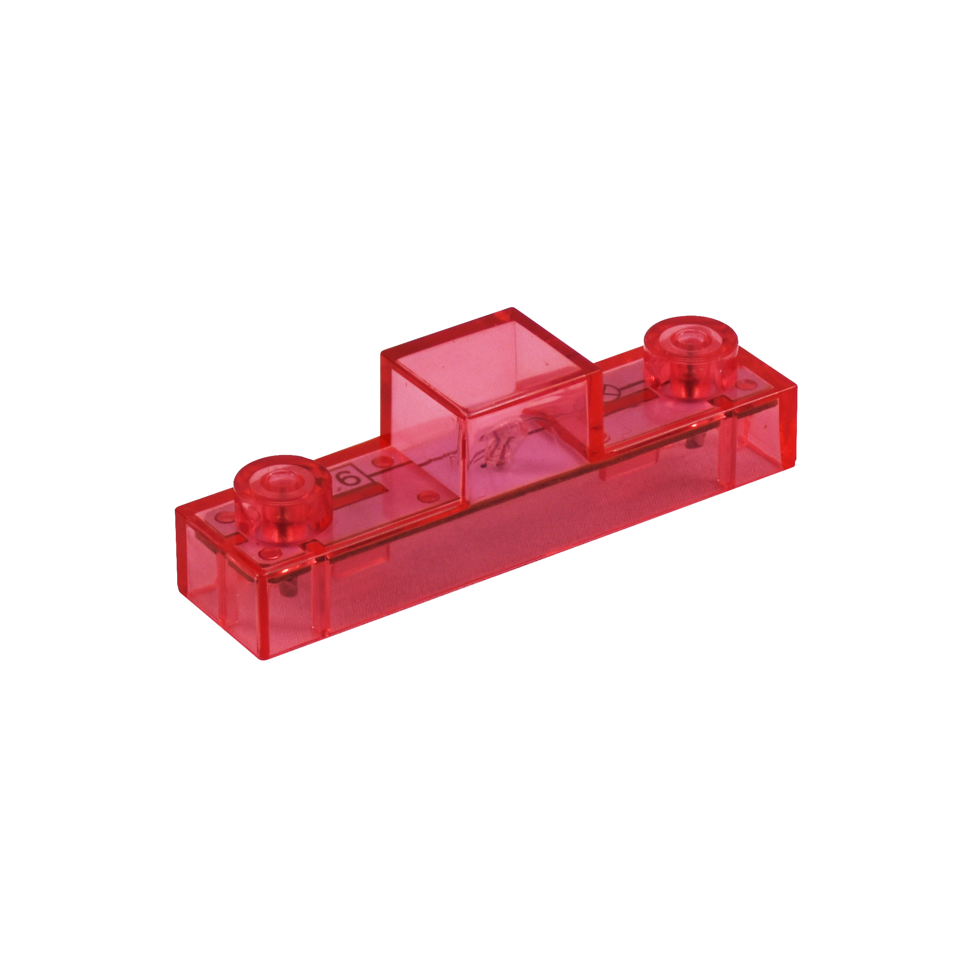 A transparent red LEGO brick, featuring two studs on one side and a rectangular hollow column in the center, is perfect for integrating into the E-Blox Circuit Blox™ 59 Project Classroom Set for interactive electricity lessons within a STEM curriculum.