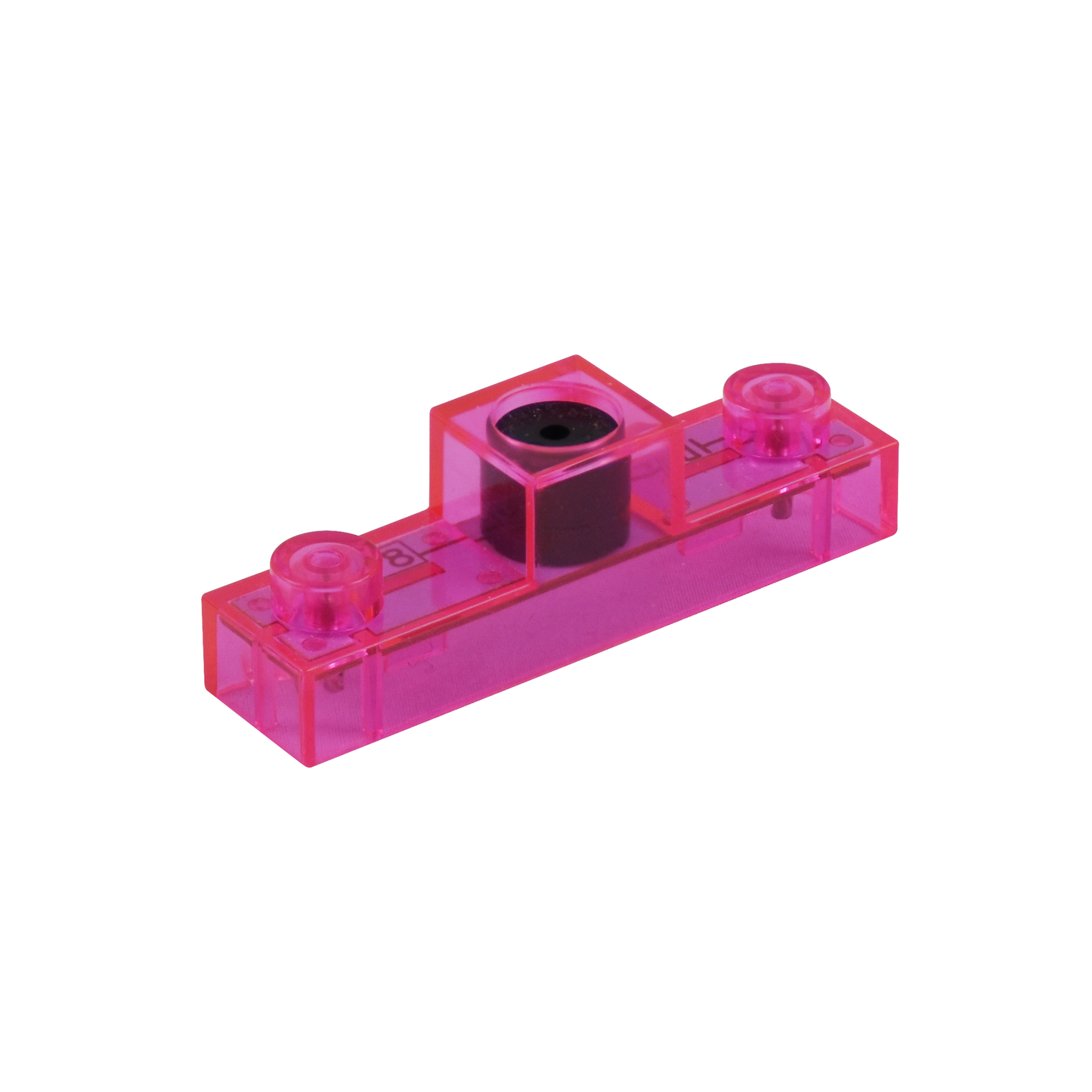 The Circuit Blox™ 59 Project Classroom Set from E-Blox comprises a transparent pink rectangular plastic component featuring a central black cylindrical element and two smaller circular elements at each end. This E-Blox® component has visible internal parts and pins on the backside, indicating it is an electronic part or connector, making it ideal for STEM curriculum projects.