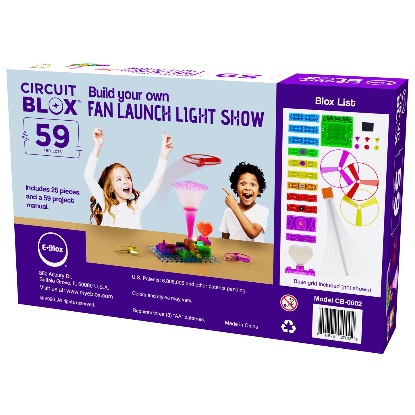 A colorful box labeled "Circuit Blox™ 59 Project Student Set - E-Blox® Circuit Board Building Blocks Educational Sets" features an image of two children playing with a fan and light show kit. Perfect for any STEM program, the box includes details about 25 pieces, a manual for 59 projects, and battery requirements.