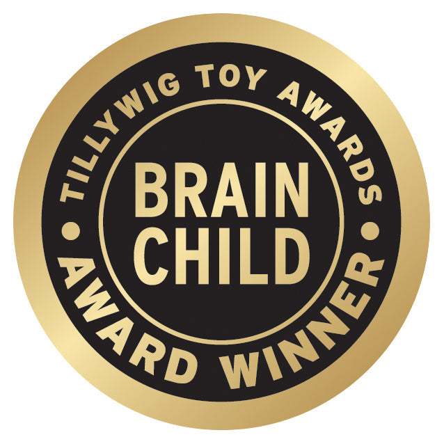 A gold and black circular badge reads "Tillywig Toy Awards" at the top, "Brain Child" in the center, and "Award Winner" at the bottom, with small dots separating each phrase. This accolade highlights that the Circuit Blox™ 120 Project Classroom Set by E-Blox exceeds NGSS requirements.