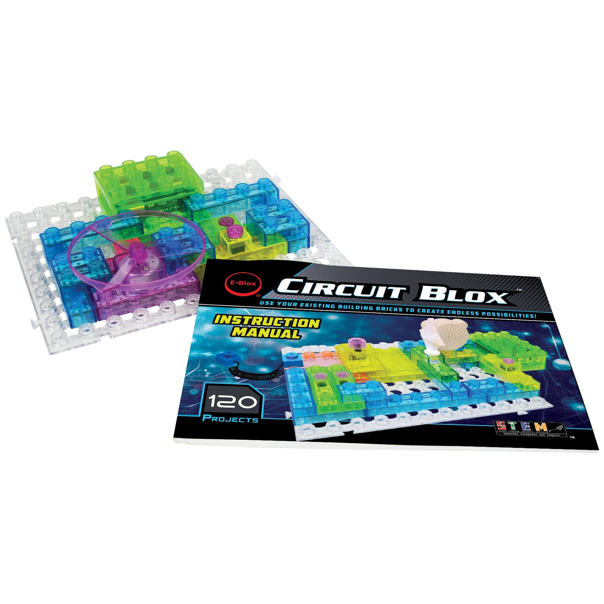 The Circuit Blox™ 120 Project Classroom Set - E-Blox® Circuit Board Building Blocks Educational Sets by E-Blox is displayed with colorful transparent building blocks and an instruction manual. The manual's cover states "120 Projects" and features images of completed circuits, aligning with NGSS requirements. Teaching STEM activities through engaging electronic construction projects.