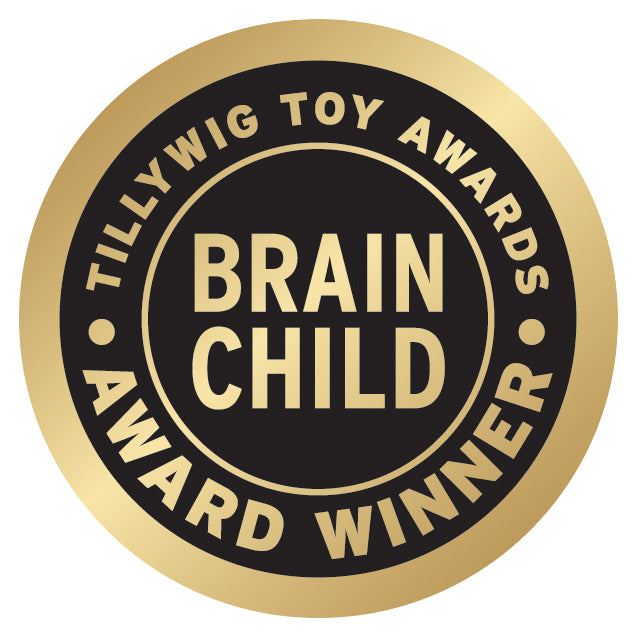 A circular gold and black badge with text. The outer gold ring reads "Tillywig Toy Awards" at the top and "Award Winner" at the bottom. The inner black circle contains the words "Brain Child" in gold, signifying an award given to the Power Blox™ Builder 292 Classroom Set - E-Blox® - LED Light-Up Building Blocks by E-Blox for its exceptional support of STEAM curriculum.