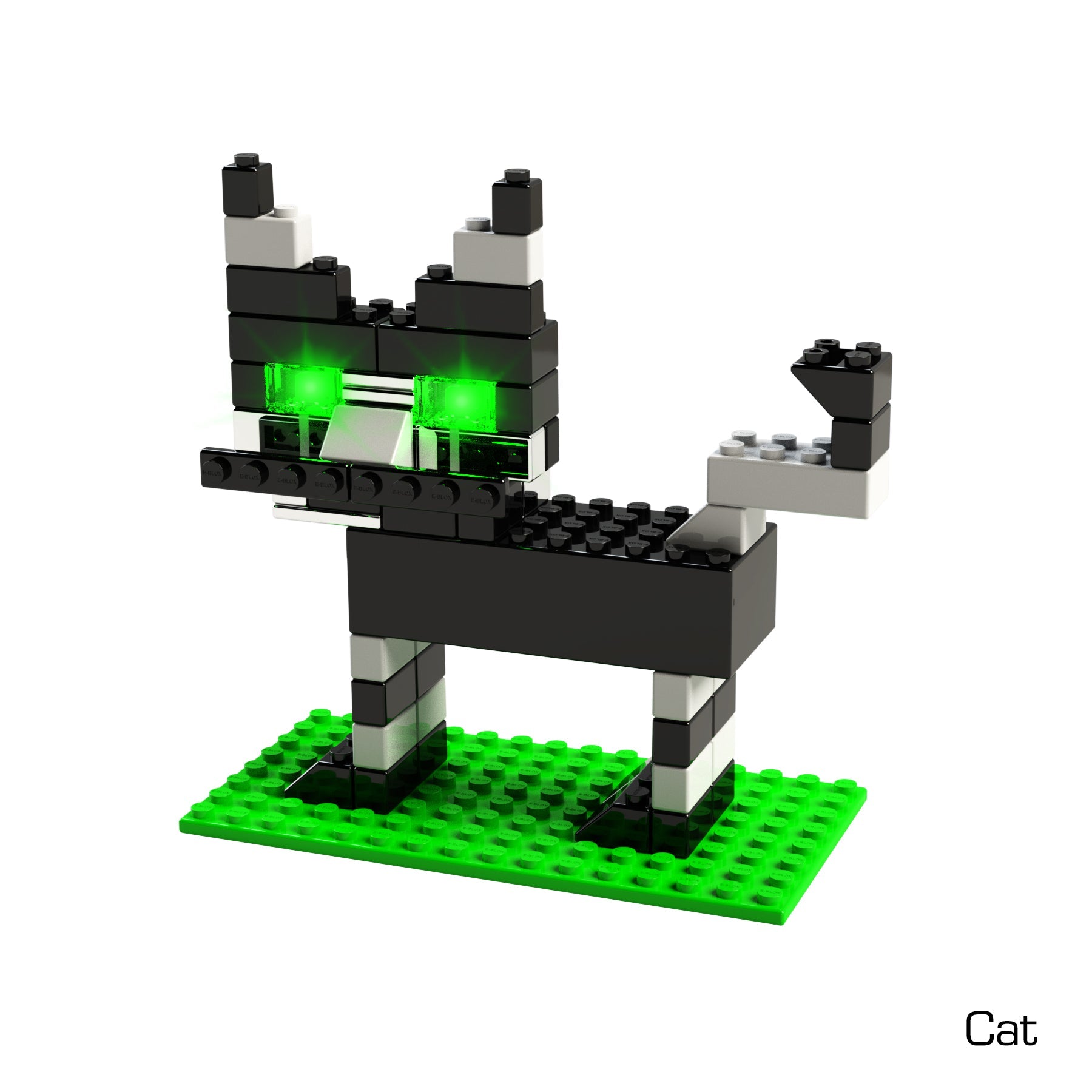 A light-up cat figure constructed from E-Blox® LED building blocks stands on a green baseplate. The cat, featuring black and white colors, has striking green eyes made from translucent pieces. Set against a white background, the word "Cat" is printed in the bottom right corner. Perfect for meeting STEM curriculum standards! This innovative creation is part of the Power Blox™ Builds Plus Set - E-Blox®, ideal for engaging students in interactive learning.