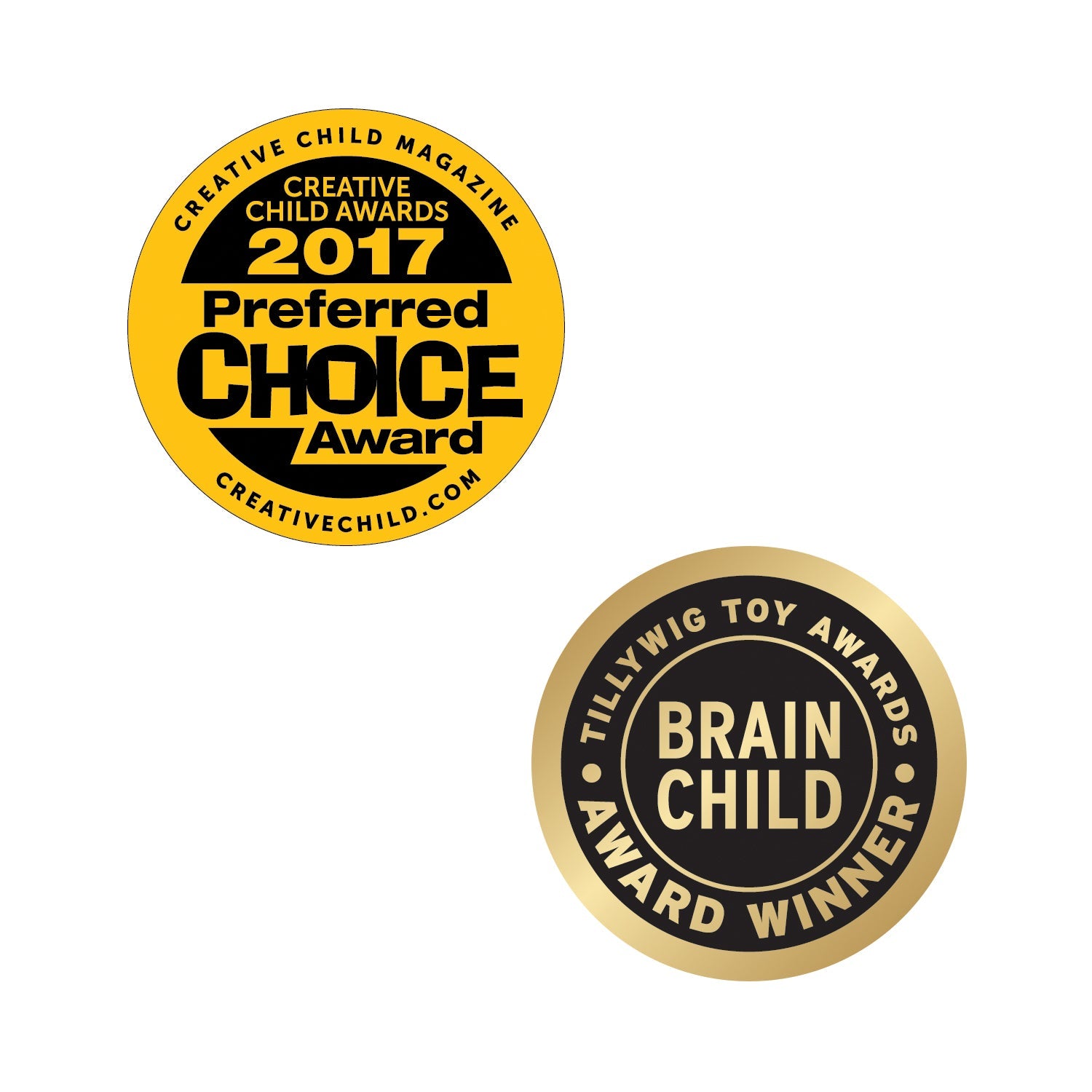 Two award badges are shown. The top badge is a yellow circle with "Creative Child Magazine 2017 Preferred Choice Award" in black text. The bottom badge, which highlights the Power Blox™ Builds Plus Set - E-Blox® - LED Light-Up Building Blocks Student Set's alignment with STEM curriculum and NGSS requirements, is a gold circle with "Tillywig Toy Awards Brain Child Award Winner" in black text.