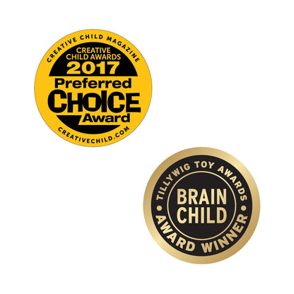 Two award badges are shown. The top badge is a yellow circle with "Creative Child Magazine 2017 Preferred Choice Award" in black text. The bottom badge, which highlights the Power Blox™ Builds Plus Set - E-Blox® - LED Light-Up Building Blocks Student Set's alignment with STEM curriculum and NGSS requirements, is a gold circle with "Tillywig Toy Awards Brain Child Award Winner" in black text.