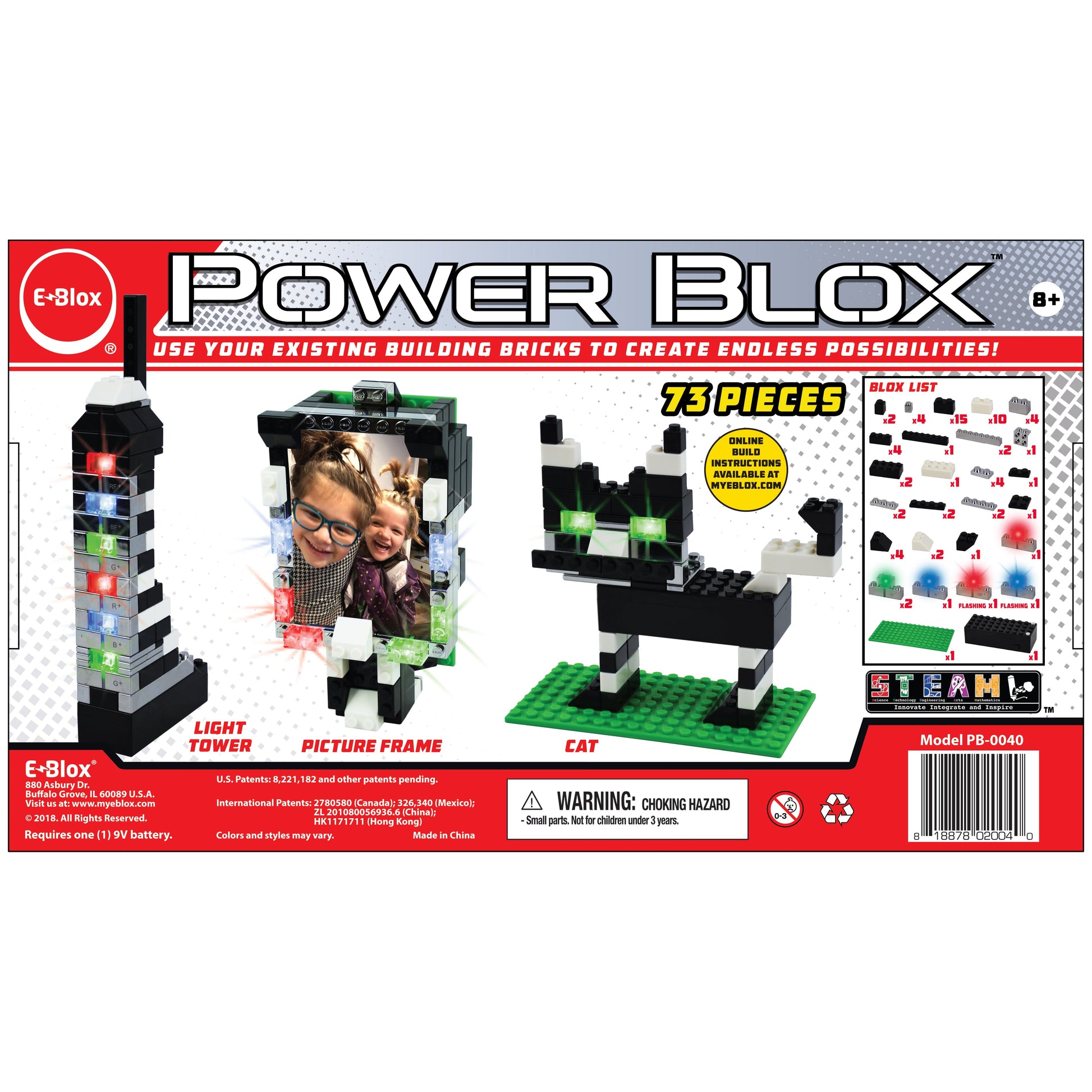 The Power Blox™ Builds Plus Set - E-Blox® packaging showcases a light-up tower, picture frame, and cat constructed with the 73 included pieces. The predominantly red box prominently features "Power Blox" in large text and highlights that the toy meets STEM curriculum standards. Designed for ages 8 and up, it requires one 9V battery.