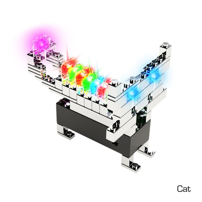 A pixelated, blocky cat made of metallic bricks, from the Power Blox™ Standard Set by E-Blox, stands against a white background. The cat's body features a series of illuminated, colorful blocks in green, red, orange, yellow, blue, and purple. Utilizing 3D circuits for its vibrant design from the E-Blox® Student Set collection, the animated text "Cat" is displayed in the bottom right corner.