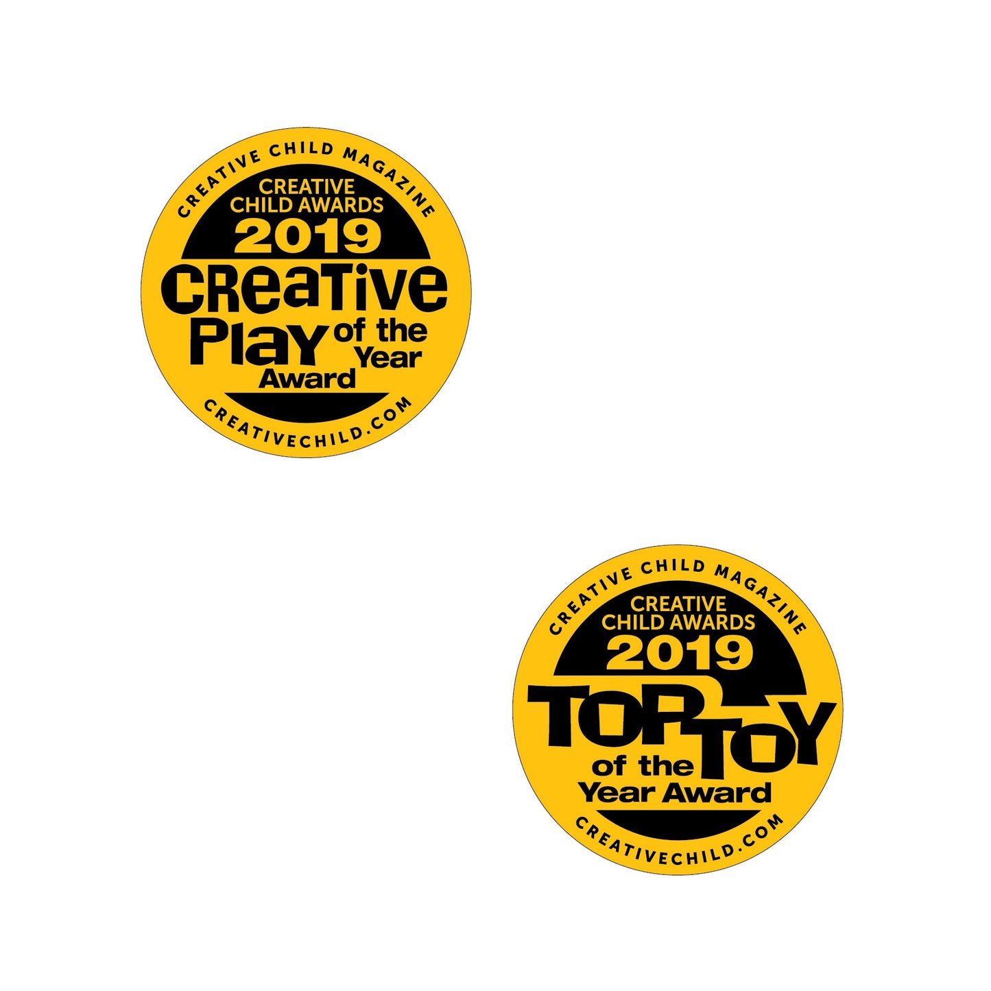 The image displays two gold circular badges from Creative Child Magazine. The top badge reads, "Creative Child Awards 2019 Creative Play of the Year Award" while the bottom badge reads, "Creative Child Awards 2019 Toy of the Year Award." These awards celebrate innovative products within STEM curriculum. Both badges feature the website creativechild.com. The awards were given to the E-Blox Power Blox™ Standard Set - E-Blox® Student Set from the brand E-Blox.