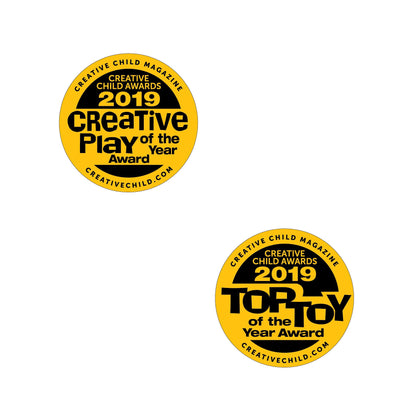 The image displays two gold circular badges from Creative Child Magazine. The top badge reads, "Creative Child Awards 2019 Creative Play of the Year Award" while the bottom badge reads, "Creative Child Awards 2019 Toy of the Year Award." These awards celebrate innovative products within STEM curriculum. Both badges feature the website creativechild.com. The awards were given to the E-Blox Power Blox™ Standard Set - E-Blox® Student Set from the brand E-Blox.