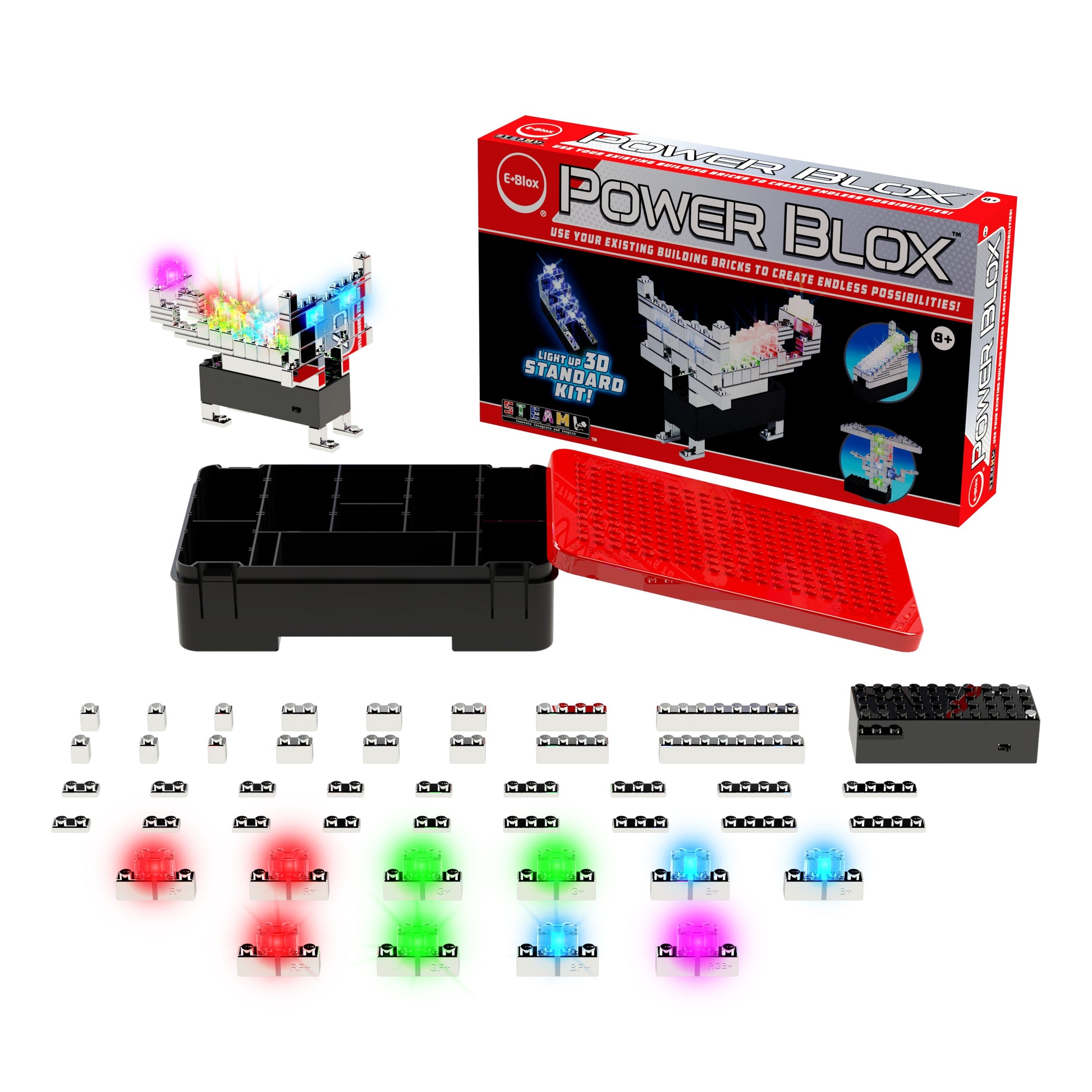 A toy kit labeled "Power Blox™ Standard Set - E-Blox® Student Set" by E-Blox is displayed. The kit features a variety of electronic building blocks with multi-colored LED lights, utilizing patented technology to create 3D circuits. It includes a black storage box, a red compartment lid, an instruction manual, and packaging that showcases a 3D structure model.