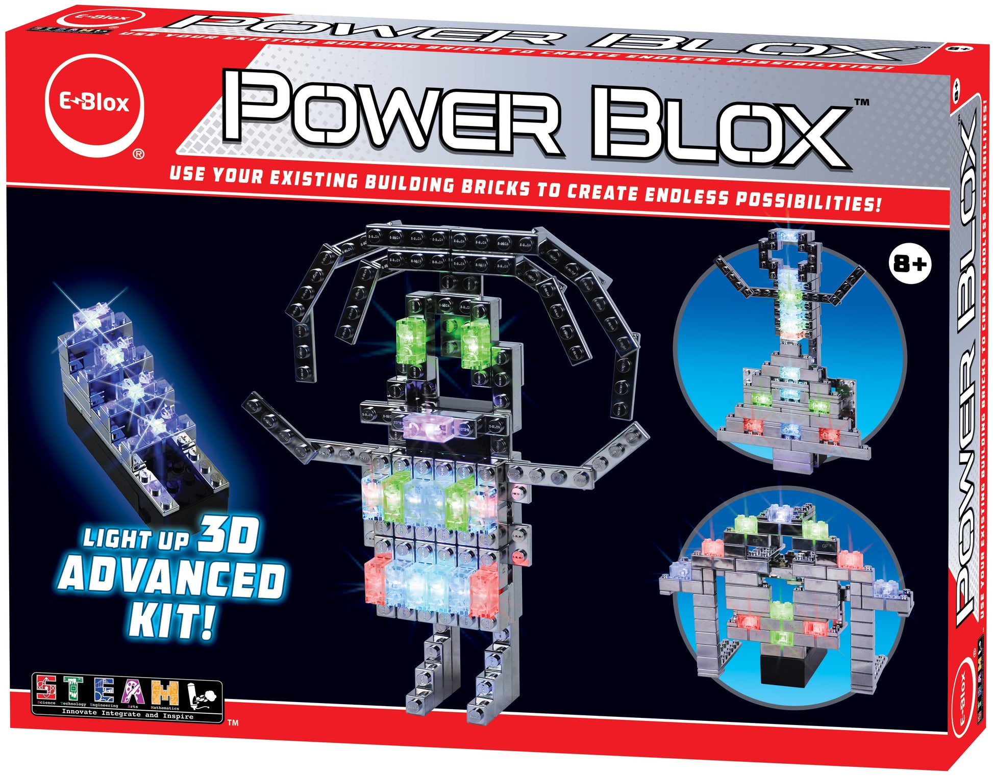 Image of the box for the "Power Blox™ Advanced Set - E-Blox® - LED Light-Up Building Blocks Student Set." The box showcases colorful, illuminated building block creations including a robot and a spaceship, featuring unique power block technology. It promotes using existing building bricks to create various illuminated designs and is suitable for ages 8+.