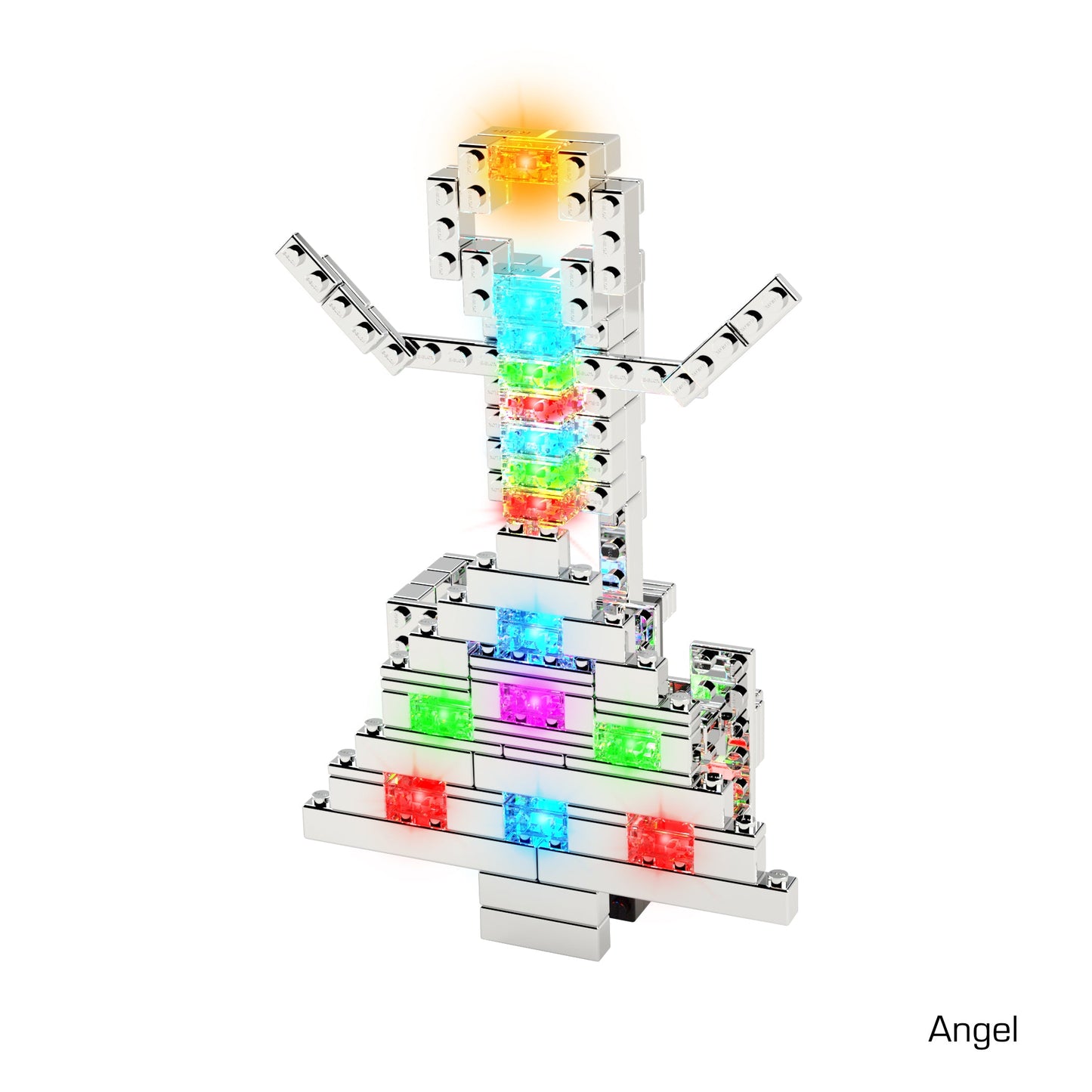 A toy angel figurine from the Power Blox™ Advanced Set - E-Blox® - LED Light-Up Building Blocks Student Set by E-Blox is displayed. The figure is constructed from colorful, interlocking bricks and features illuminated sections in various colors such as red, blue, green, and orange. Displaying a unique power block design, the word "Angel" is written in the bottom right corner.